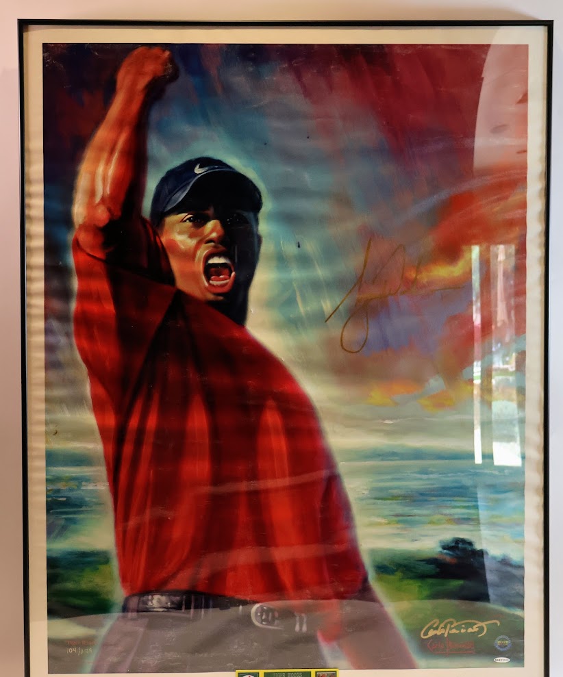 "Tiger Roars" Autographed Tiger Woods Lithograph  42x33 Framed