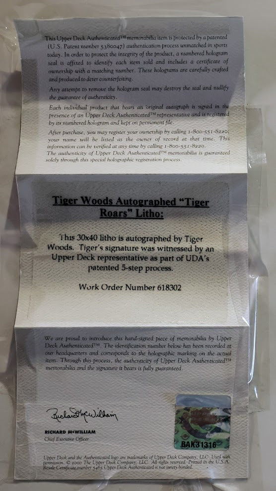 "Tiger Roars" Autographed Tiger Woods Lithograph  42x33 Framed