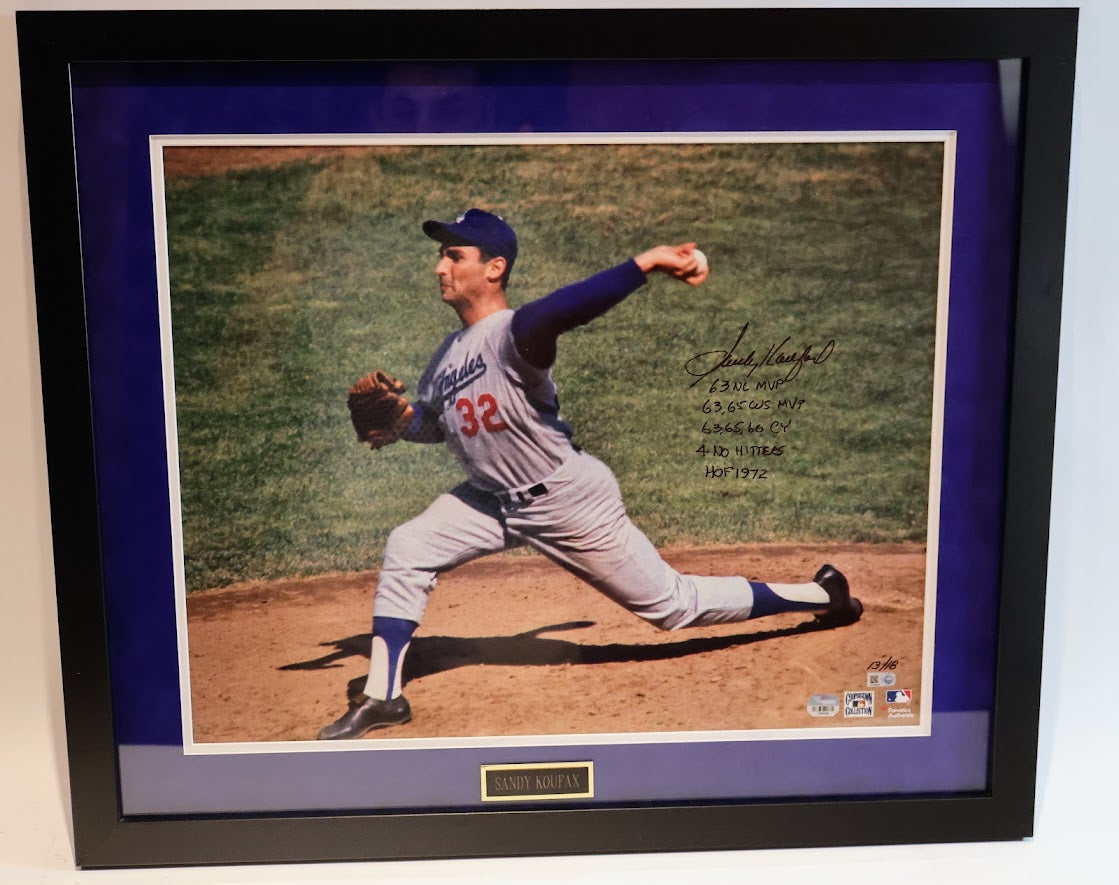 Sandy Koufax Autographed 22x26 Framed Photo "63 NLMVP", "63,65 WS MVP", 63,65,66 CY", "4 NO HITTERS", and "HOF 1972" Inscriptions - Fanatics Hologram
