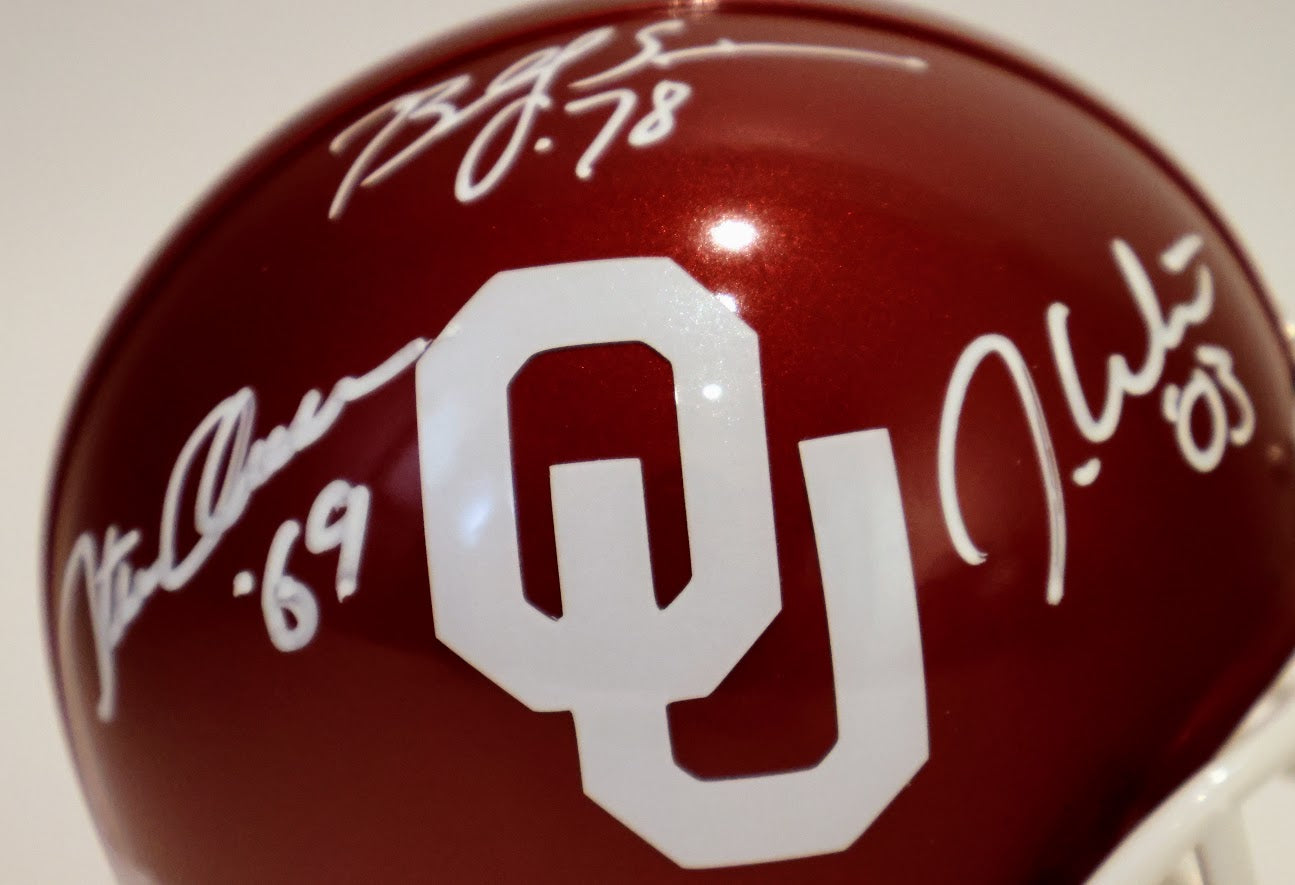 Steve Owens, Billy Sims, & Jason White Autographed Oklahoma Riddle Speed Mini Helmet " '69" " '78" " '03" Inscriptions - Beckett COA