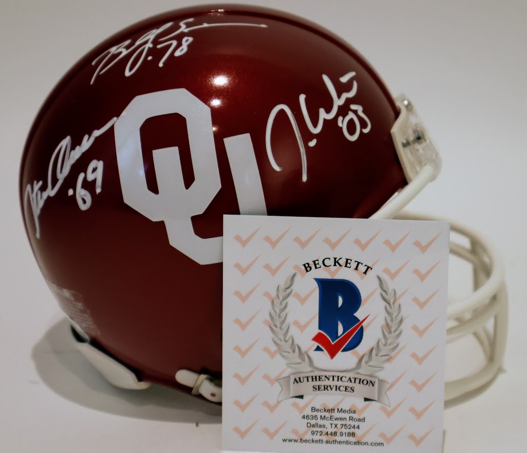 Steve Owens, Billy Sims, & Jason White Autographed Oklahoma Riddle Speed Mini Helmet " '69" " '78" " '03" Inscriptions - Beckett COA