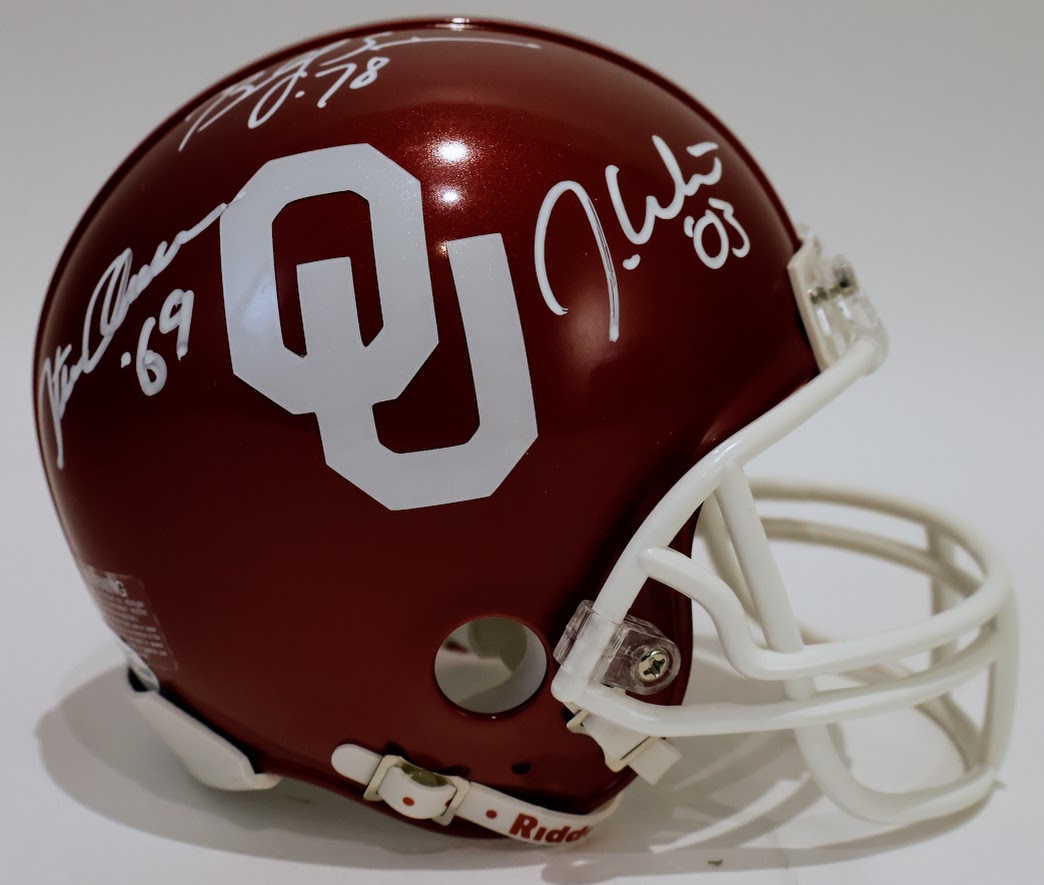 Steve Owens, Billy Sims, & Jason White Autographed Oklahoma Riddle Speed Mini Helmet " '69" " '78" " '03" Inscriptions - Beckett COA