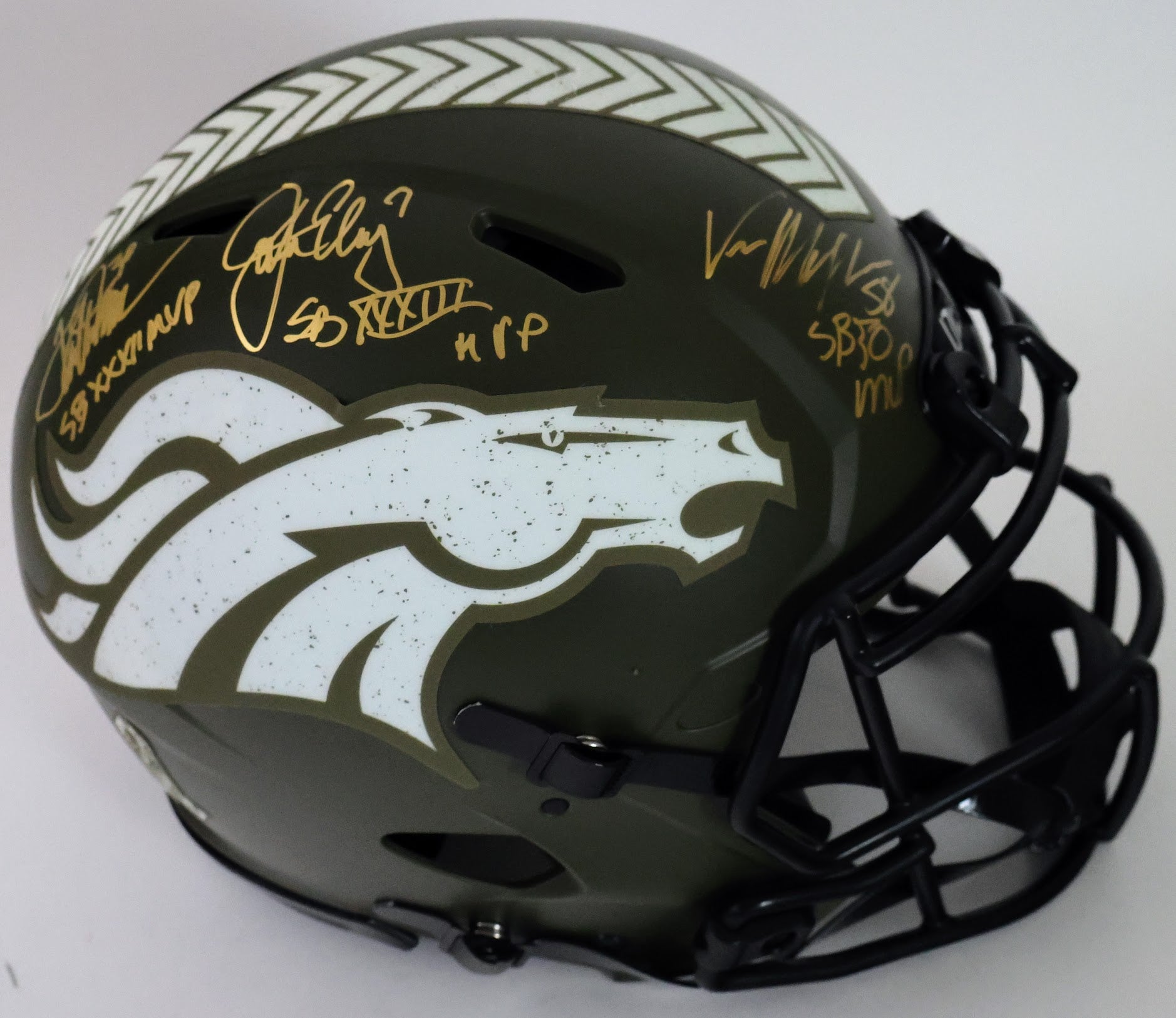 Terrell Davis, John Elway, and Von Miller Autographed Salute to Service Replica denver Broncos Helmet Super Bowl MVP Inscriptions