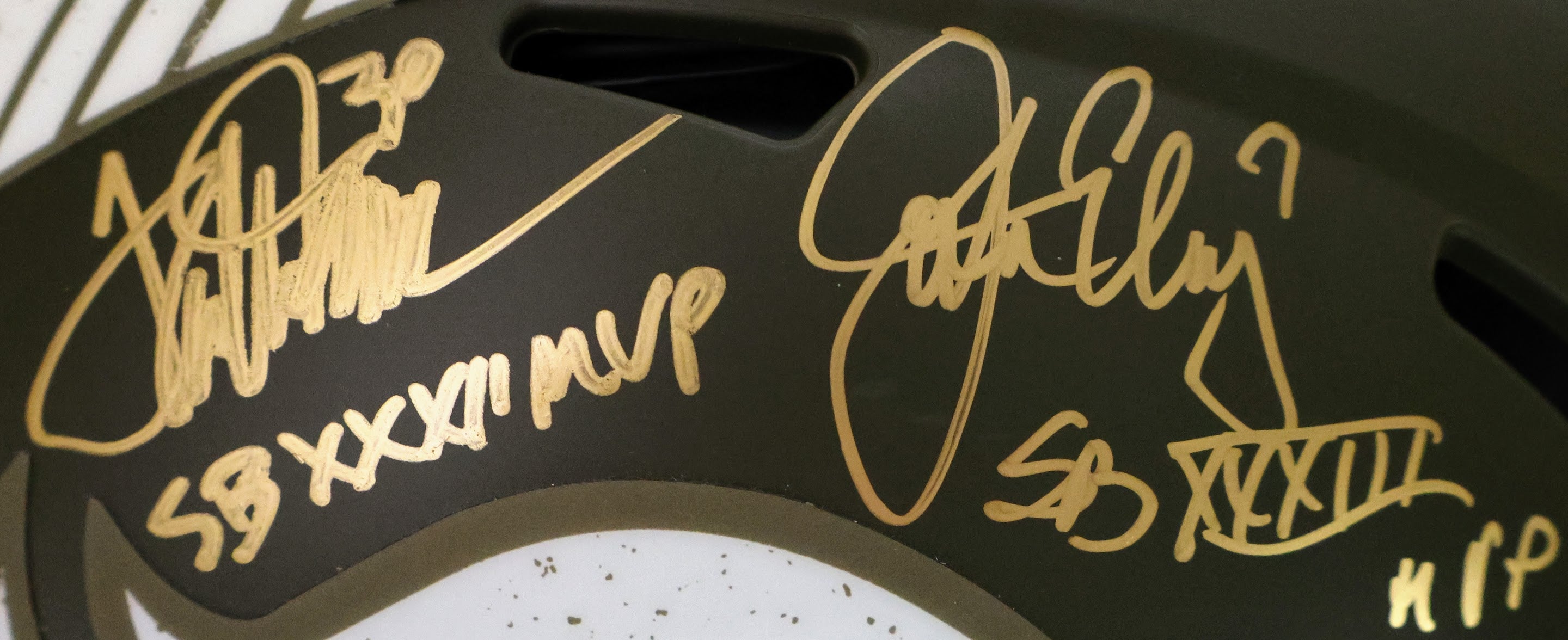 Terrell Davis, John Elway, and Von Miller Autographed Salute to Service Replica denver Broncos Helmet Super Bowl MVP Inscriptions