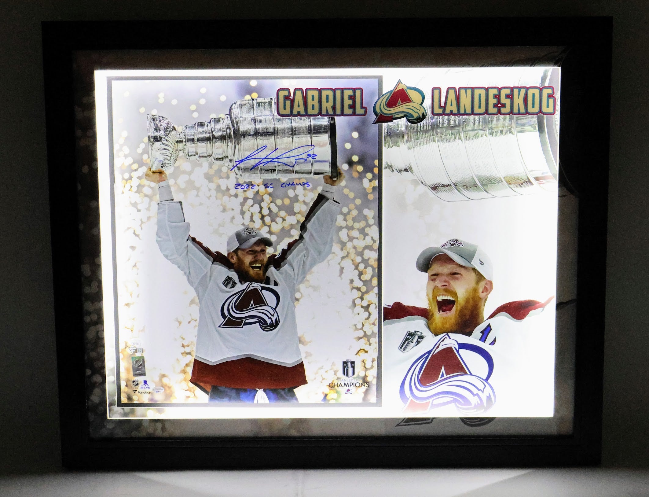 Gabe Landeskog Autographed 16x20 Lifting SC Photo w/ Inscription Lighted Shadowbox JSA COA