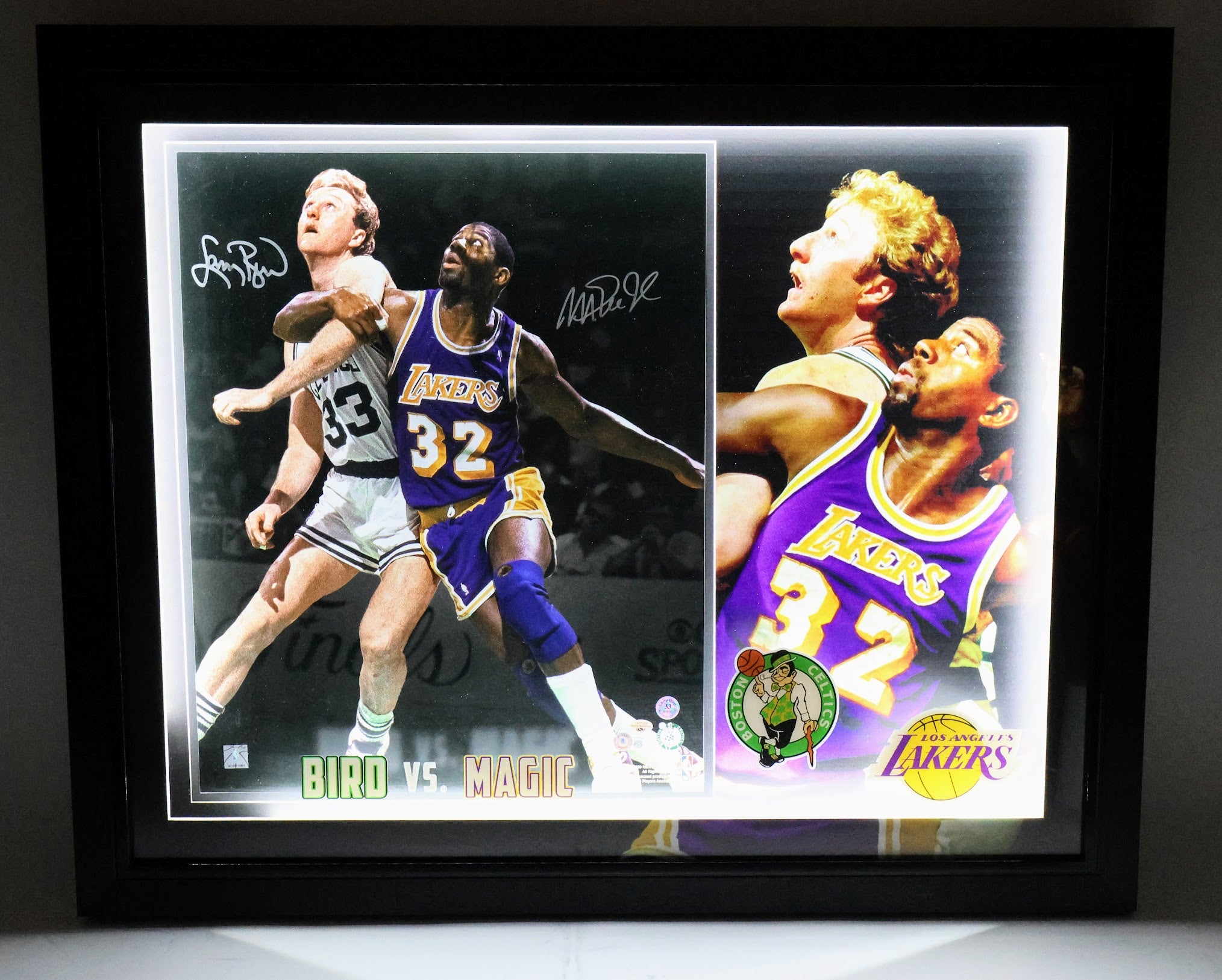 Larry Bird and Magic Johnson Autographed 16x20 Photo Lighted Shadow Box Beckett COA