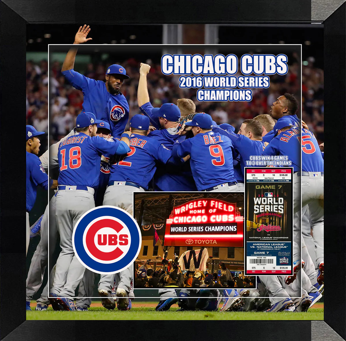 Chicago Cubs Photo Collage with 3D Framing and 2016 World Series Replica Ticket