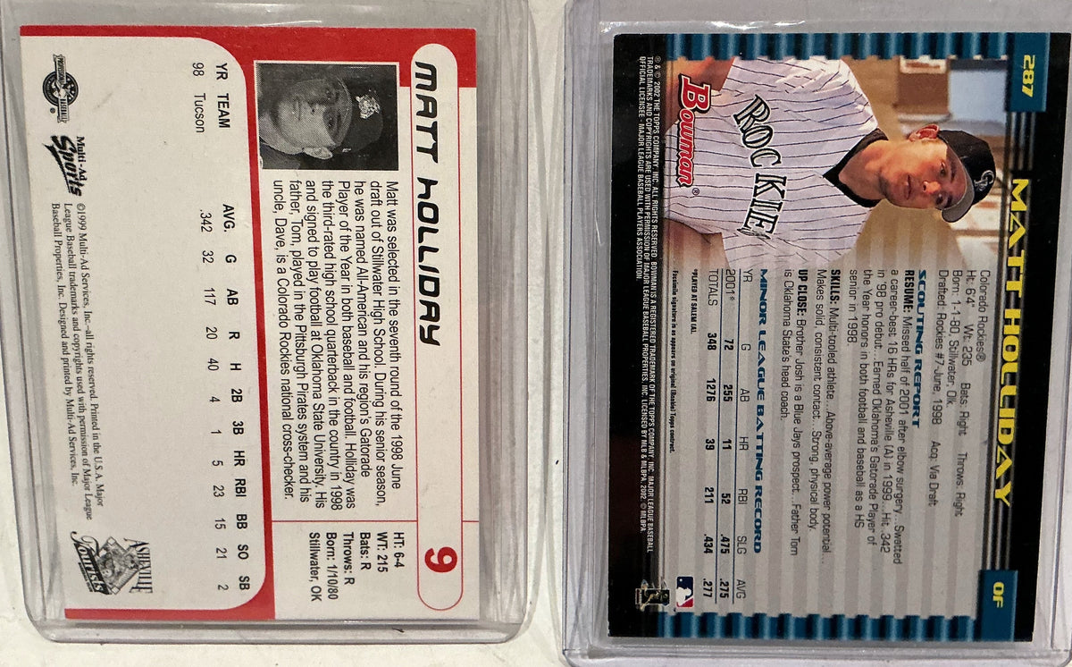 Matt Holliday Autographed 2-Card Lot — 1999 Asheville Tourists & 2002 Bowman #287 Rockies