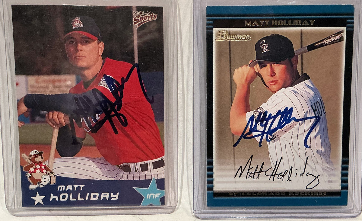 Matt Holliday Autographed 2-Card Lot — 1999 Asheville Tourists & 2002 Bowman #287 Rockies