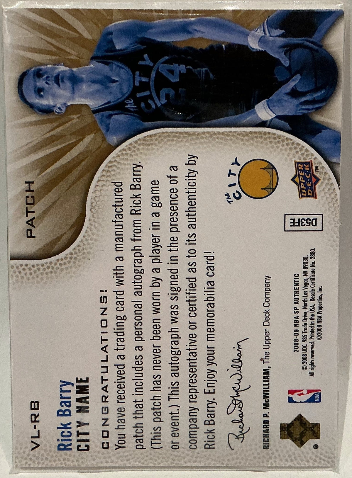Rick Barry 2008-09 SP Authentic Varsity Letters City Name Autograph Patch 1/1 — Warriors