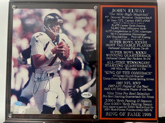 John Elway Denver Broncos Autographed 8x10 Photo with Plaque and Nameplate JSA COA