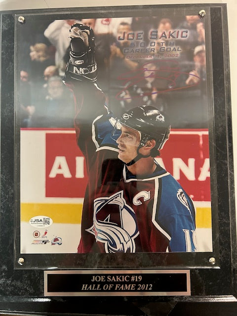 Joe Sakic Colorado Avalanche Autographed 8x10 500th Goal Photo with Plaque JSA COA