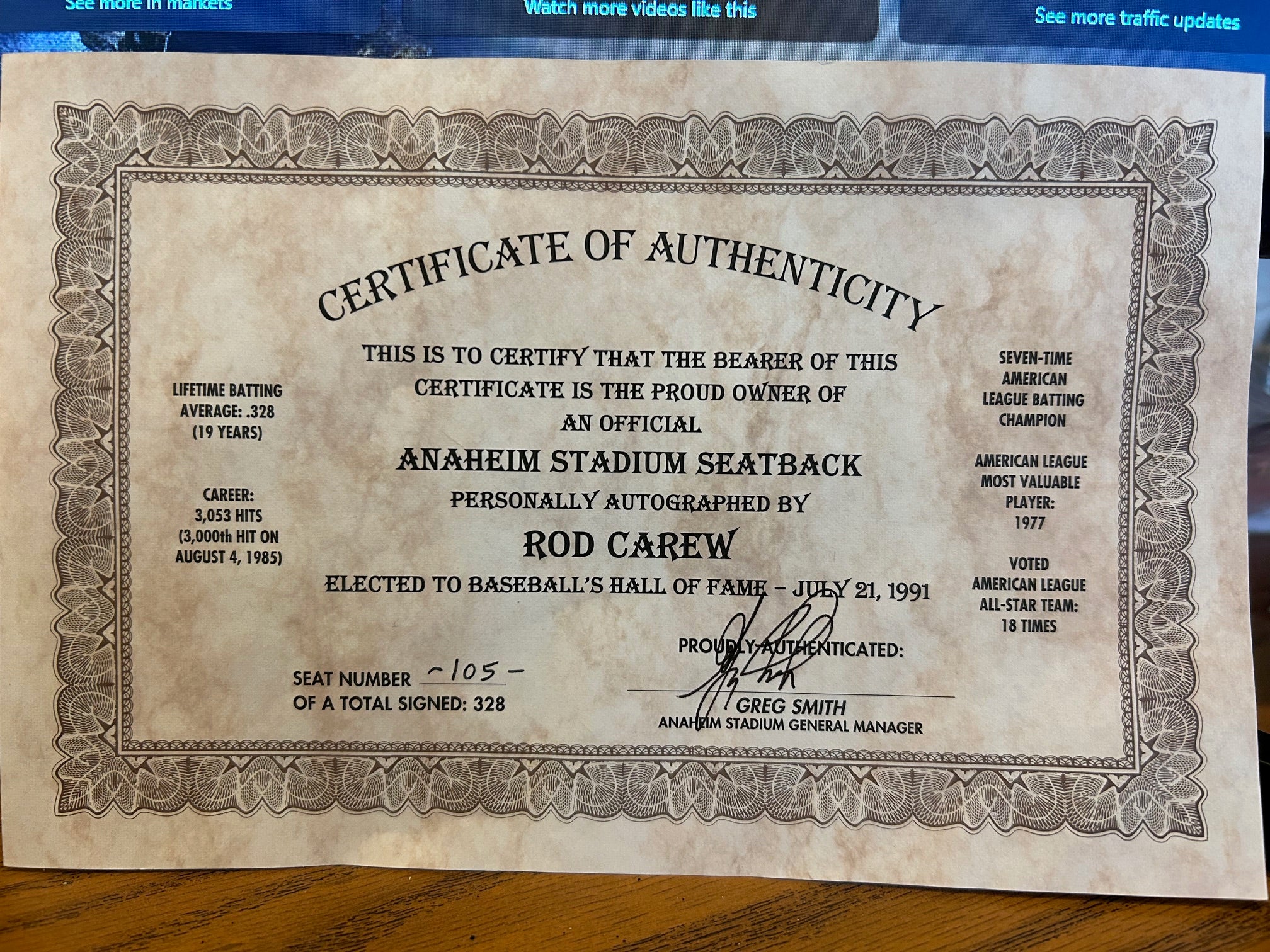 Rod Carew Signed Anaheim Angels Stadium Seatback Limited #105 of 238 JSA COA