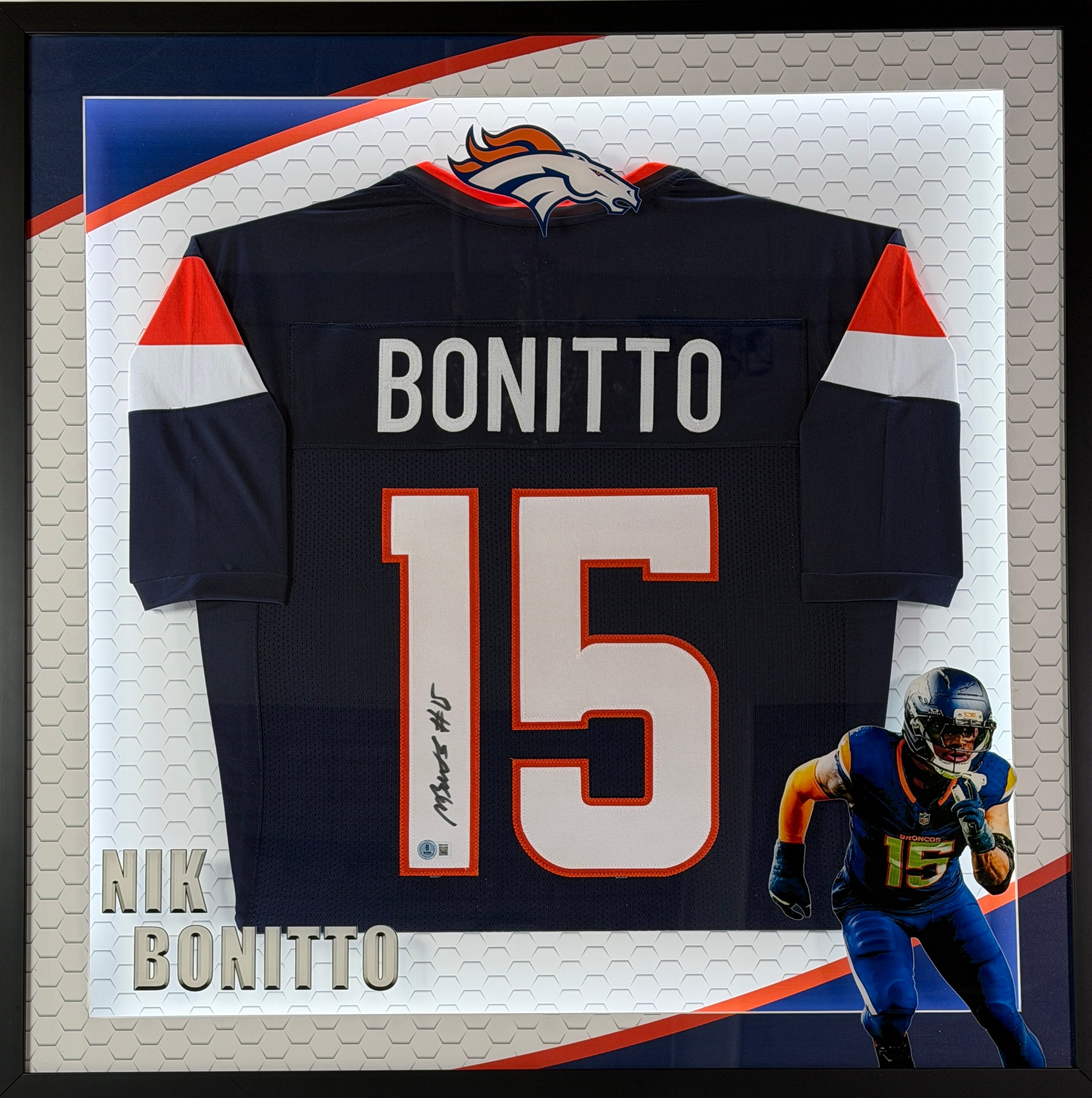 Nik Bonitto Autographed Custom Navy Broncos Jersey in LED Lighted Shadowbox BAS COA