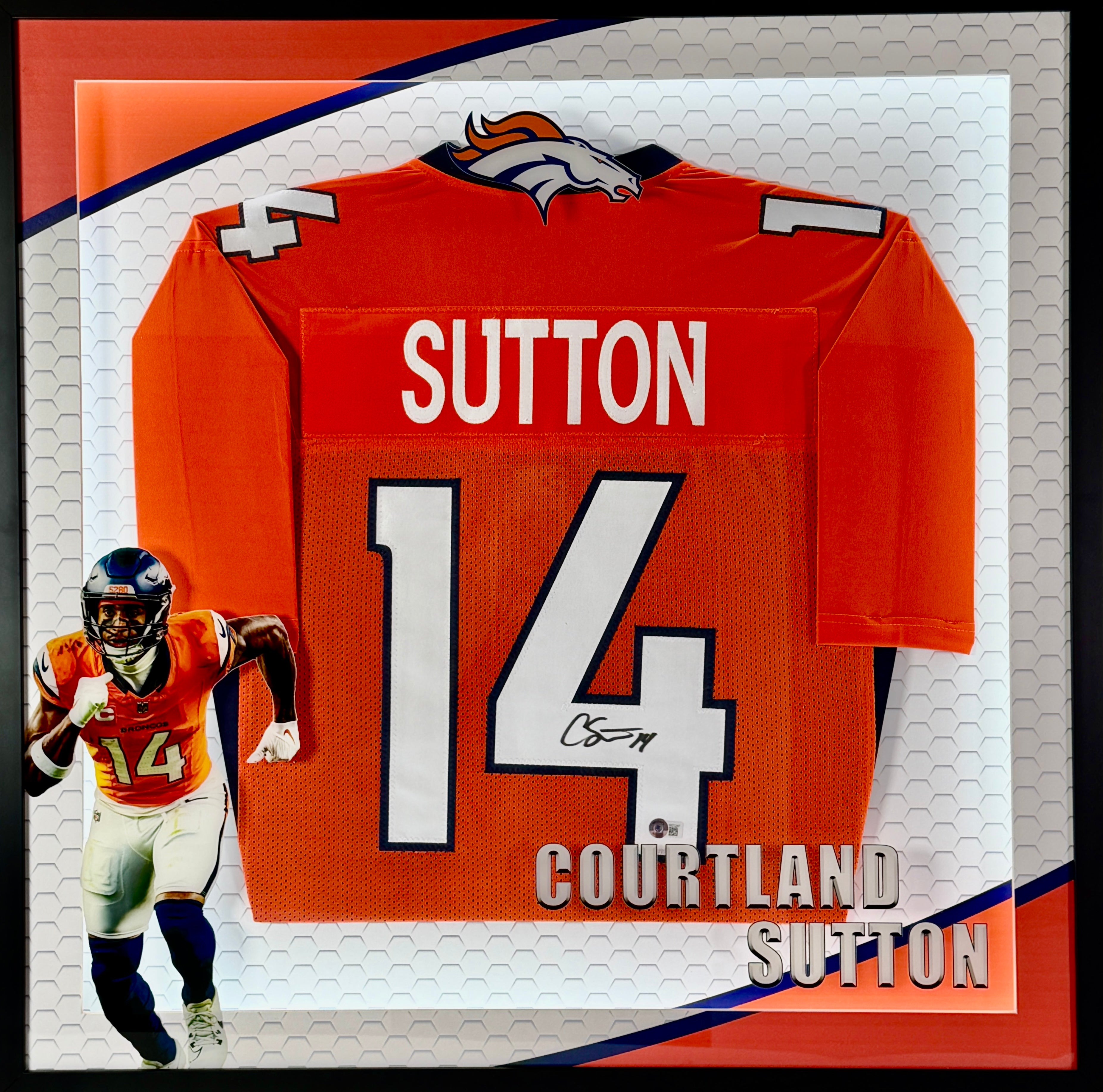 Courtland Sutton Autographed Custom Orange Broncos Jersey in LED Shadowbox BAS COA