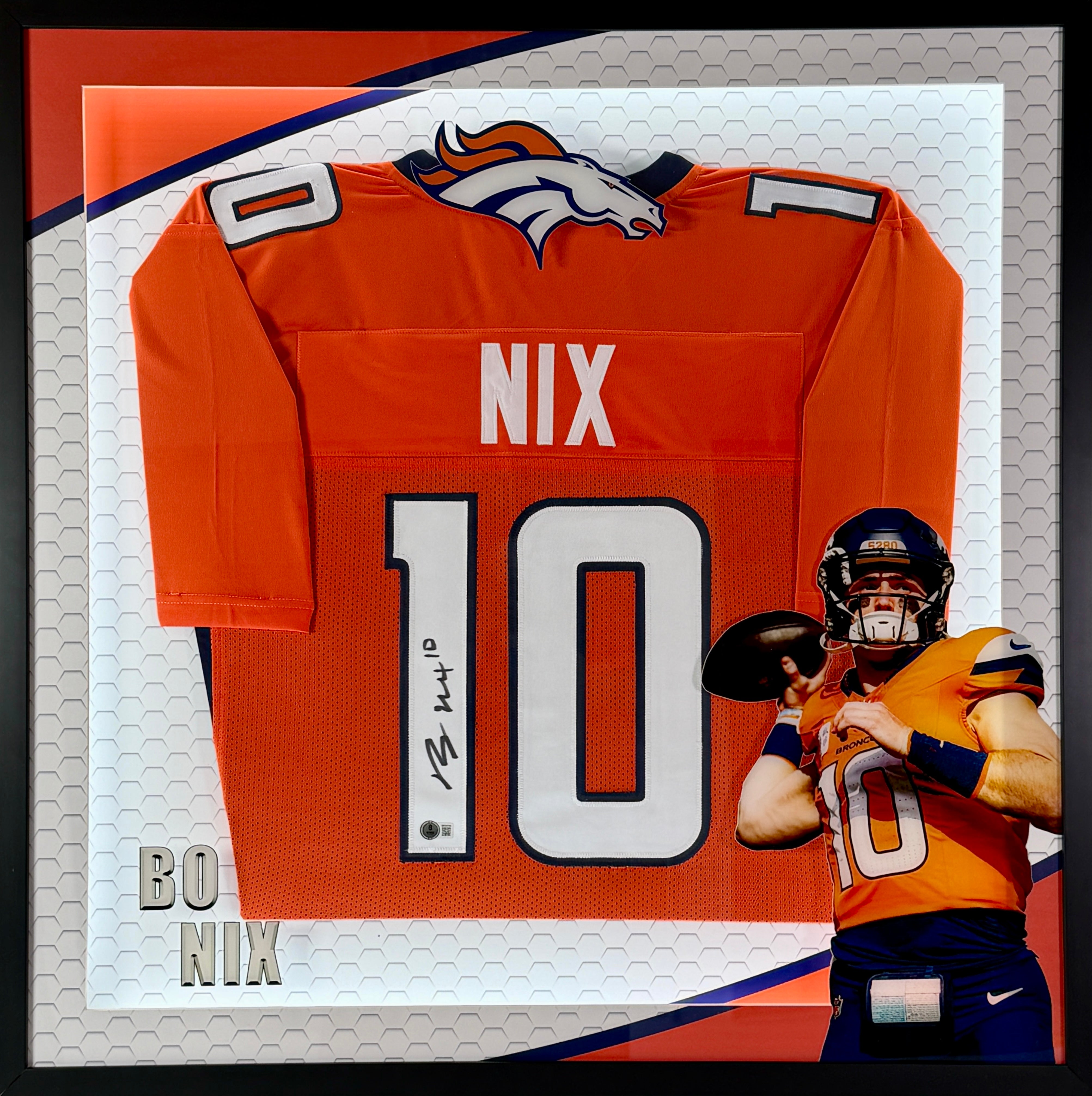 Bo Nix Autographed Custom Orange Broncos Jersey in LED Lighted Shadowbox BAS COA