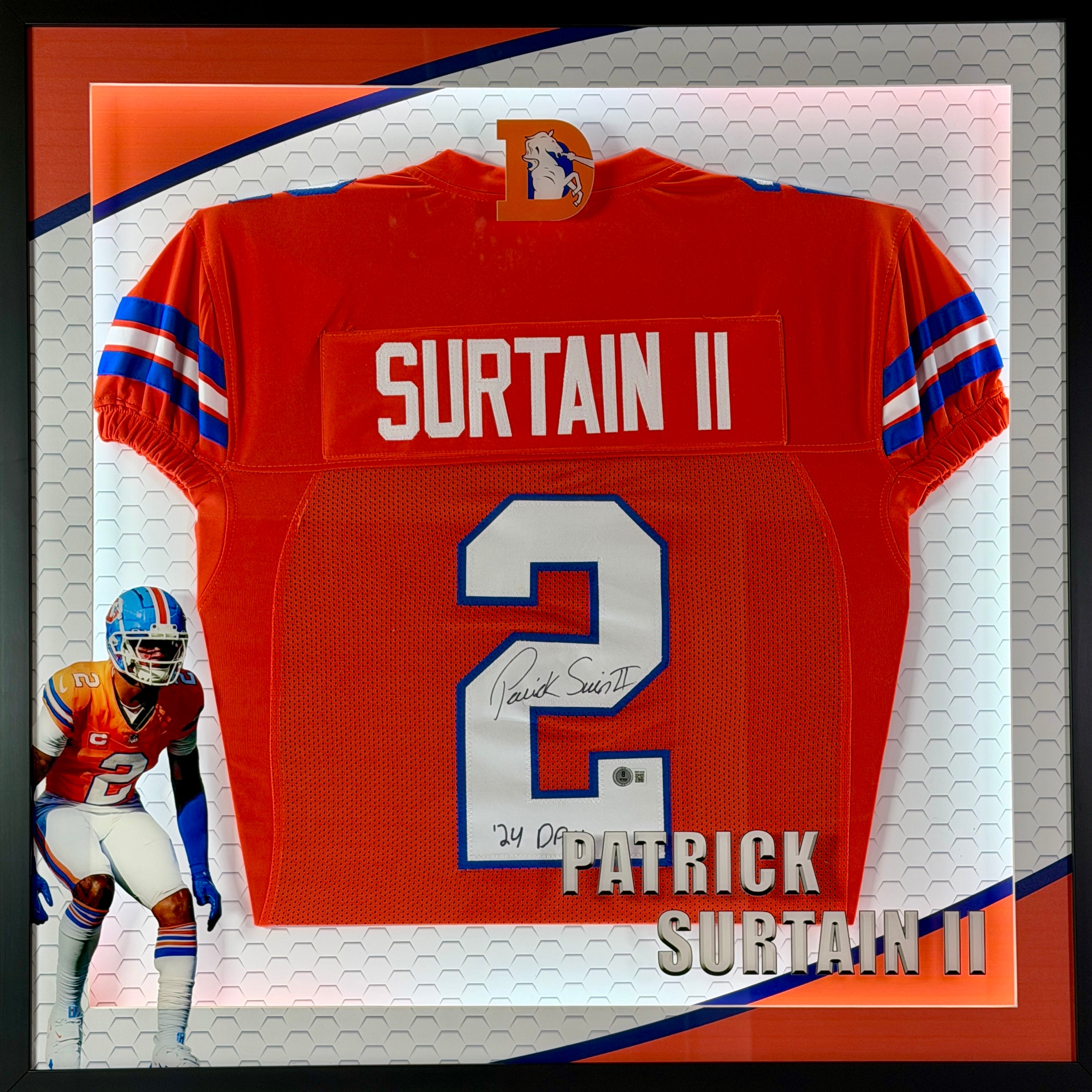 Patrick Surtain II Autographed/Inscribed "'24 DPOY" Custom Orange Jersey in LED Shadowbox BAS COA