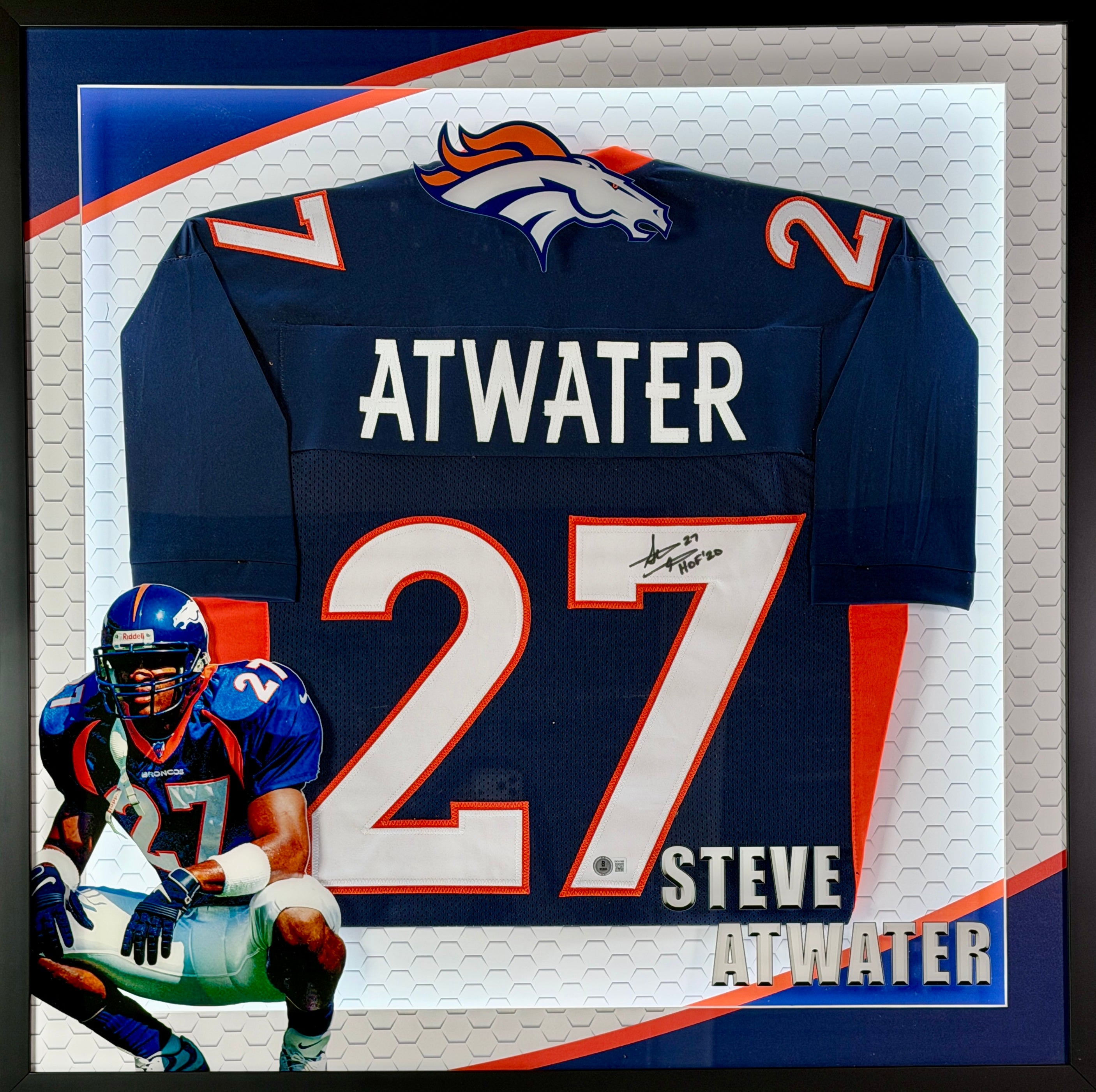 Steve Atwater Autographed/Inscribed "HOF '20" Navy Jersey in LED Lighted Shadowbox BAS COA