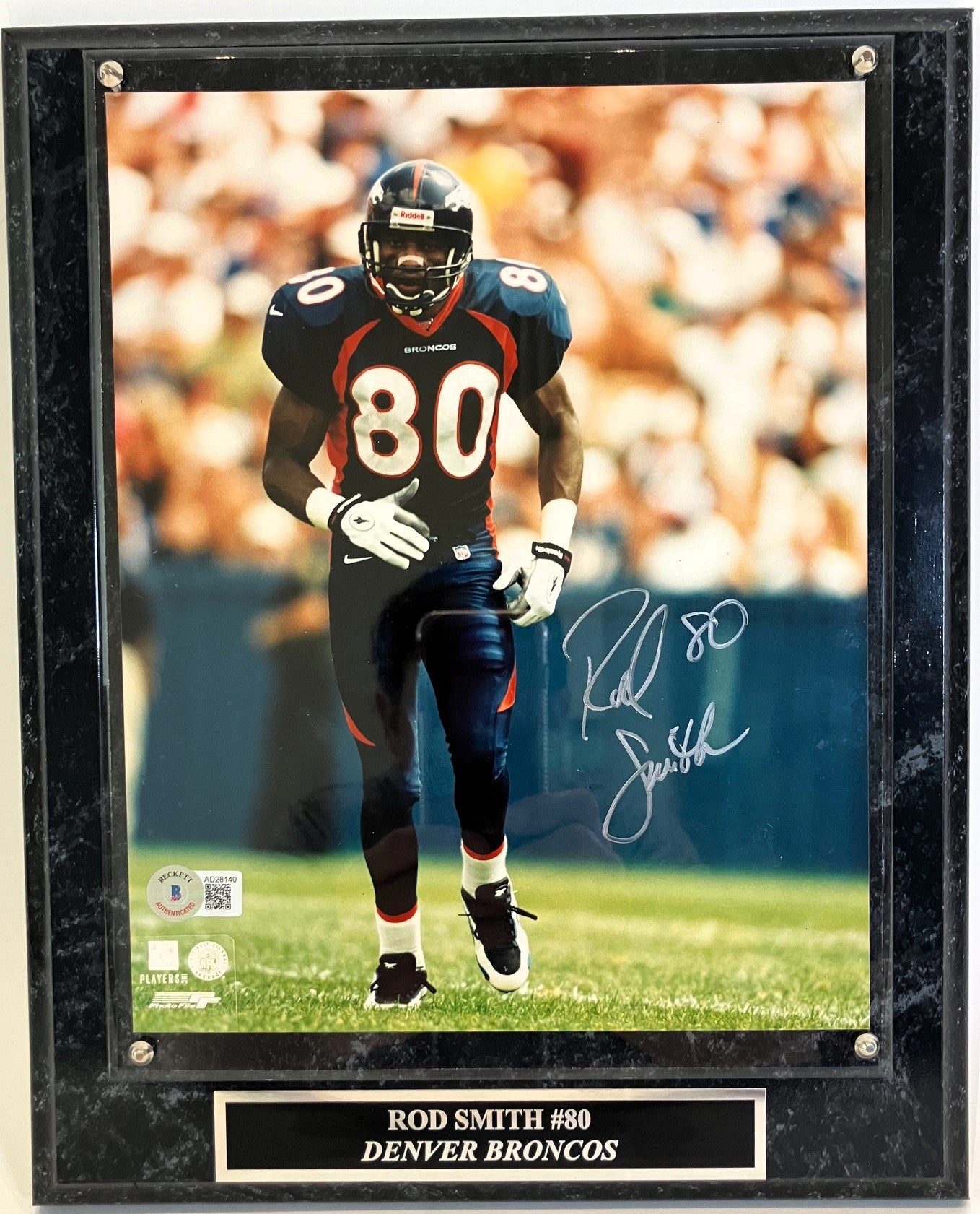 Rod Smith Autographed Denver Broncos (Navy) 8x10 Photo w/ Plaque BAS COA