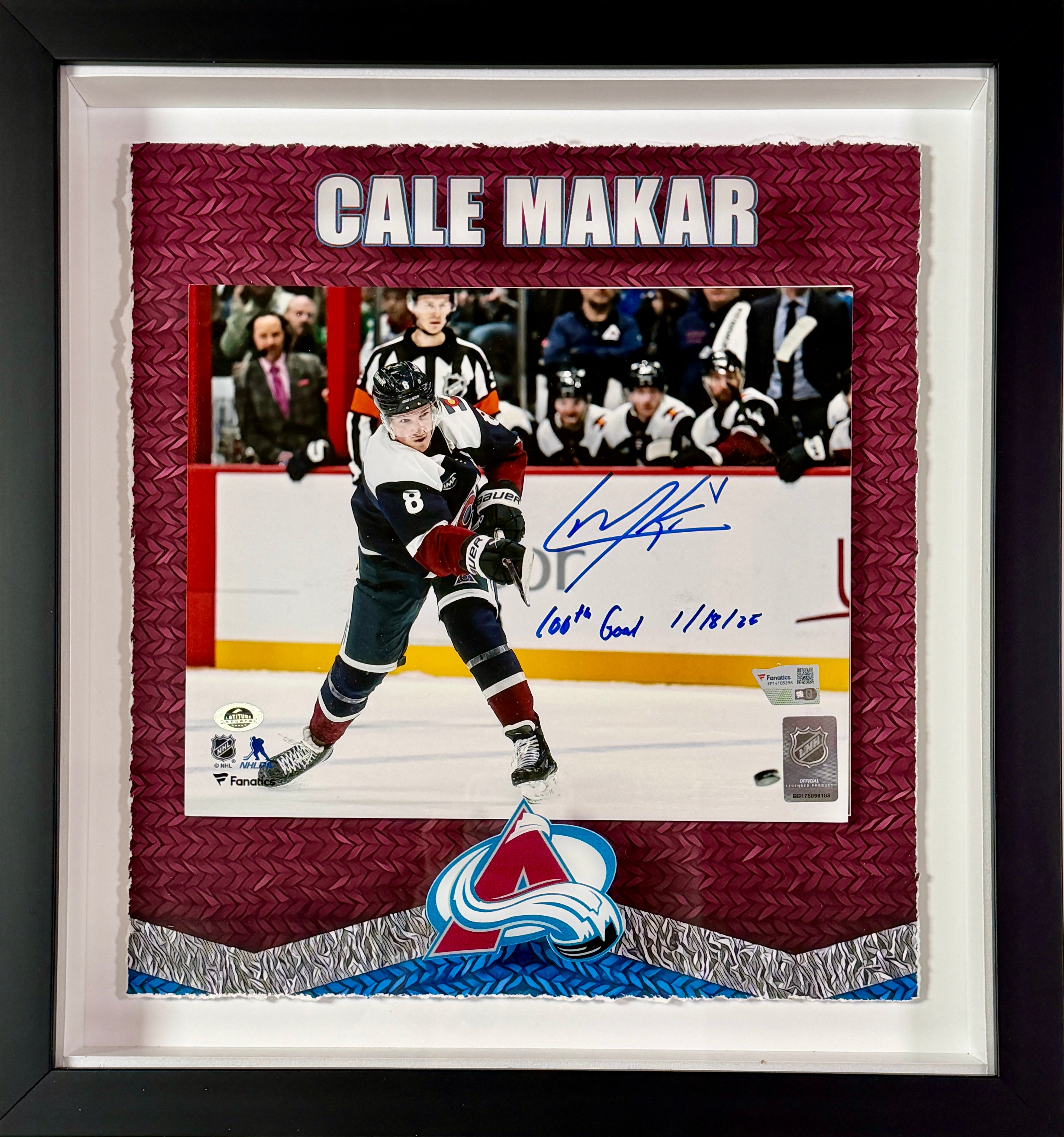 Cale Makar Autographed/Inscribed "100th Goal" 8x10 Photo 15.5x16.5 3D Frame Fanatics COA - Latitude Sports Marketing