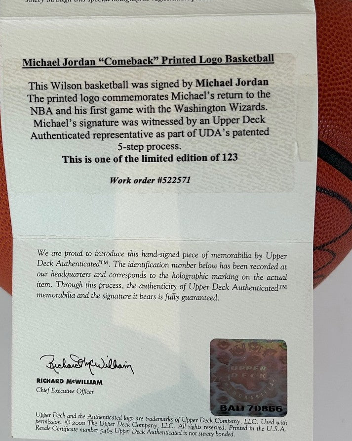 Autographed UDA Michael Jordan "Comeback" Wilson Jet Basketball Upper Deck/Fanatics COA
