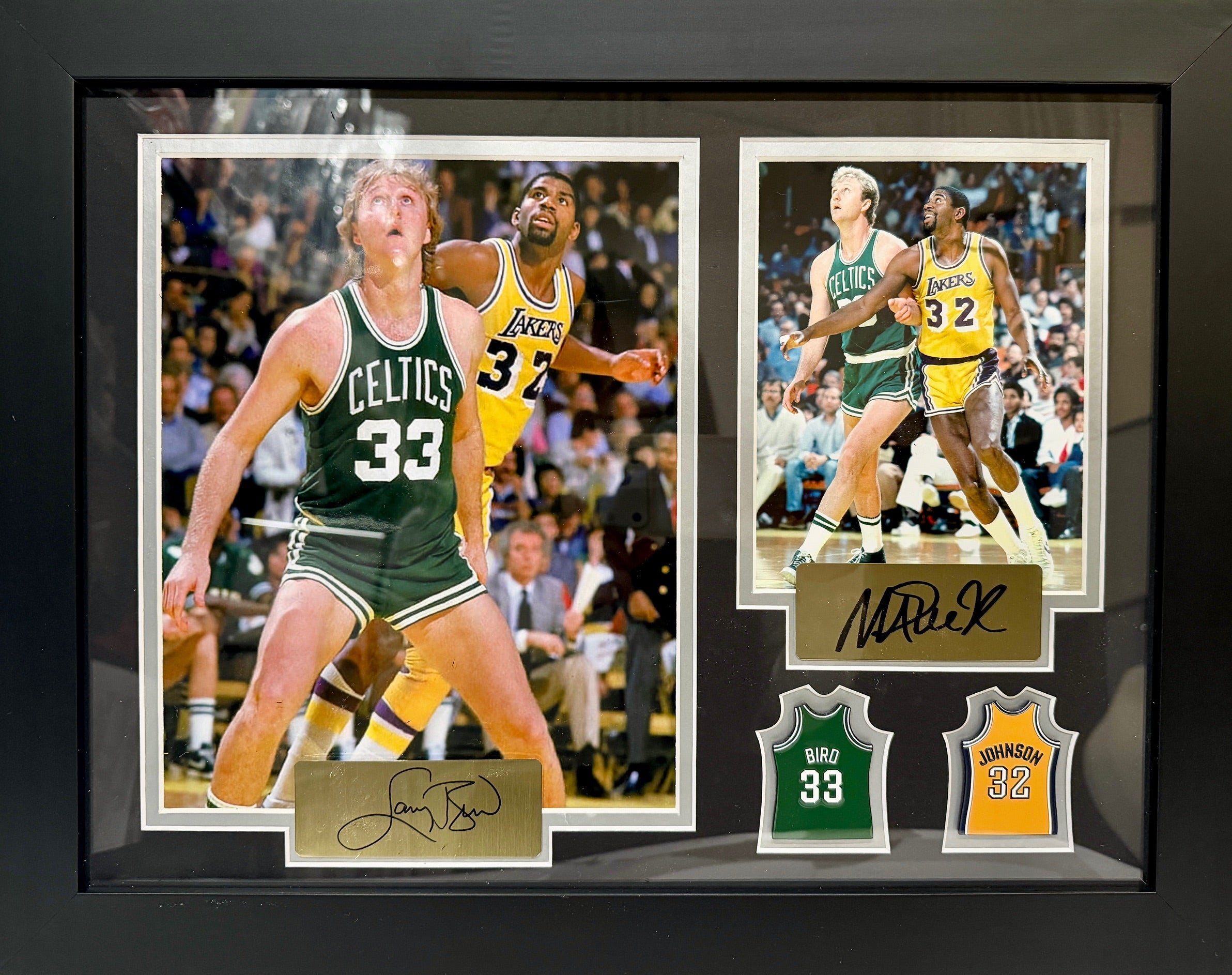 Larry Bird and Magic Johnson Photo/Pin Collage with Facsimile Autographs