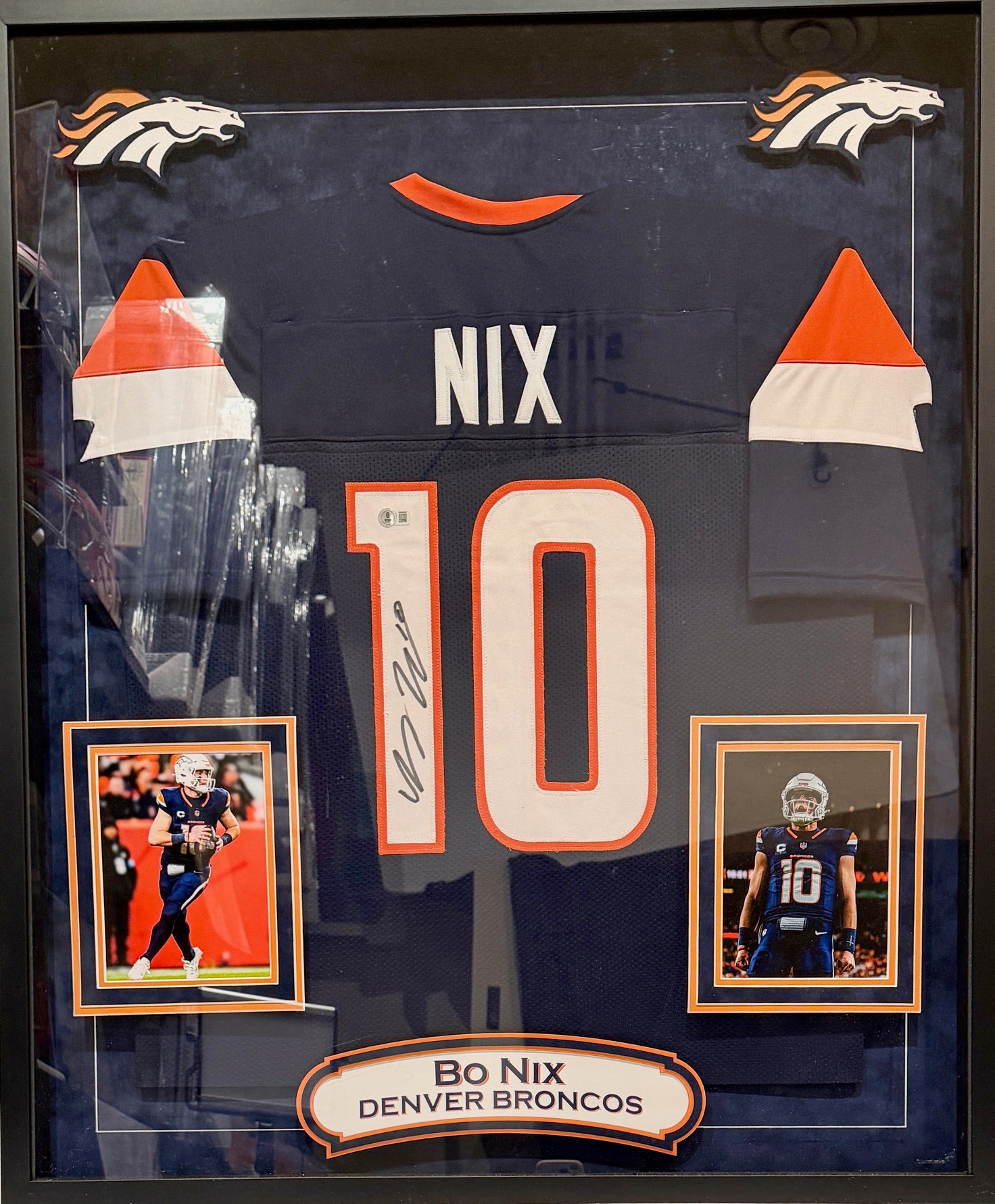Bo Nix Denver Broncos Autographed Jersey w/ 2 8x10 Photos in Deluxe Frame Beckett COA