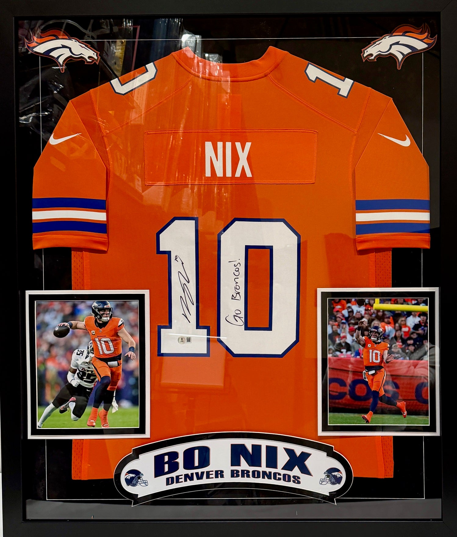 Bo Nix Denver Broncos Autographed Jersey w/ Inscription and 2 8x10 Photos in Deluxe Frame Beckett COA