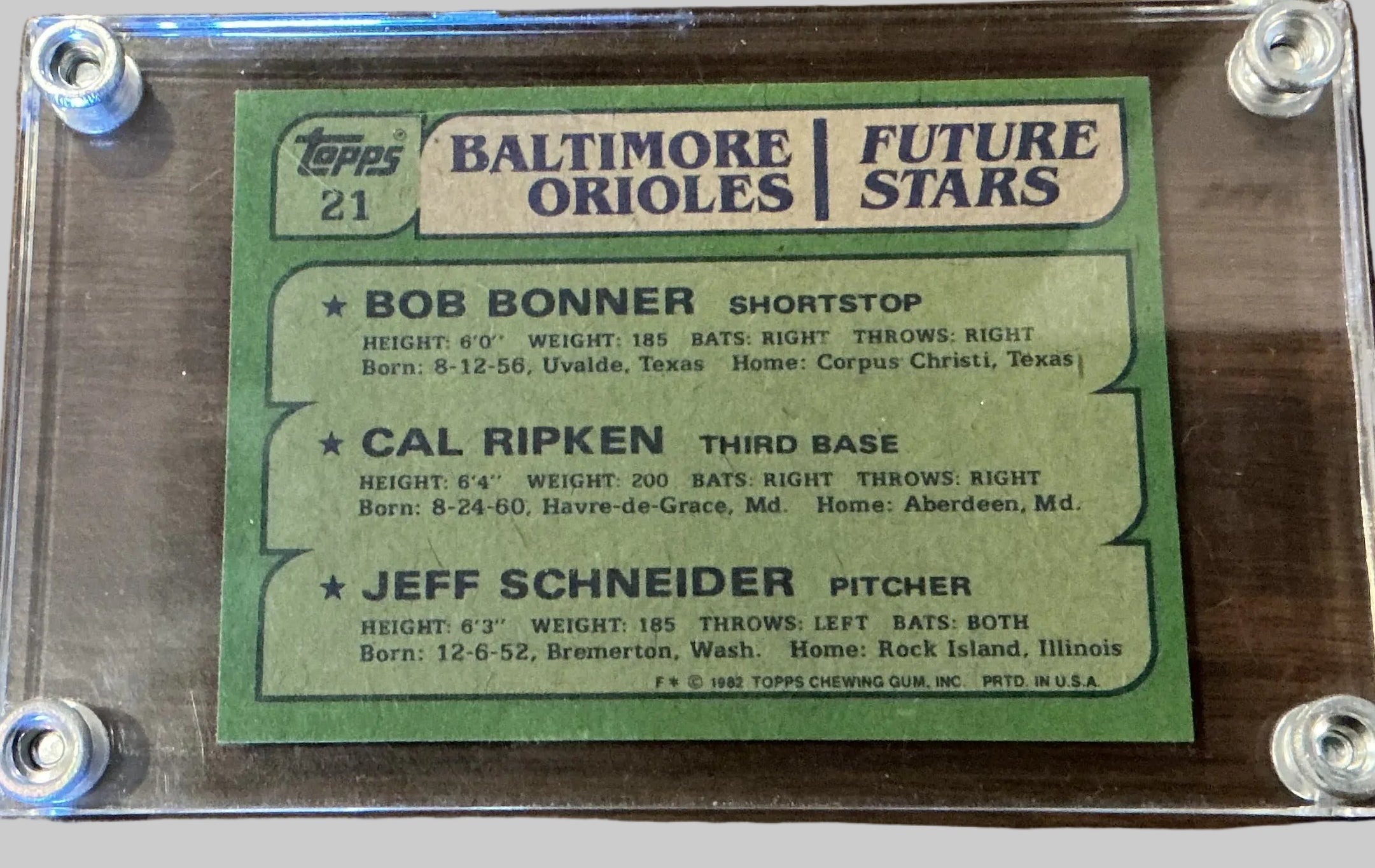 Cal Ripken Jr. / Bob Bonner / Jeff Schneider 1982 Topps Future Stars Rookie Card #21 — Orioles
