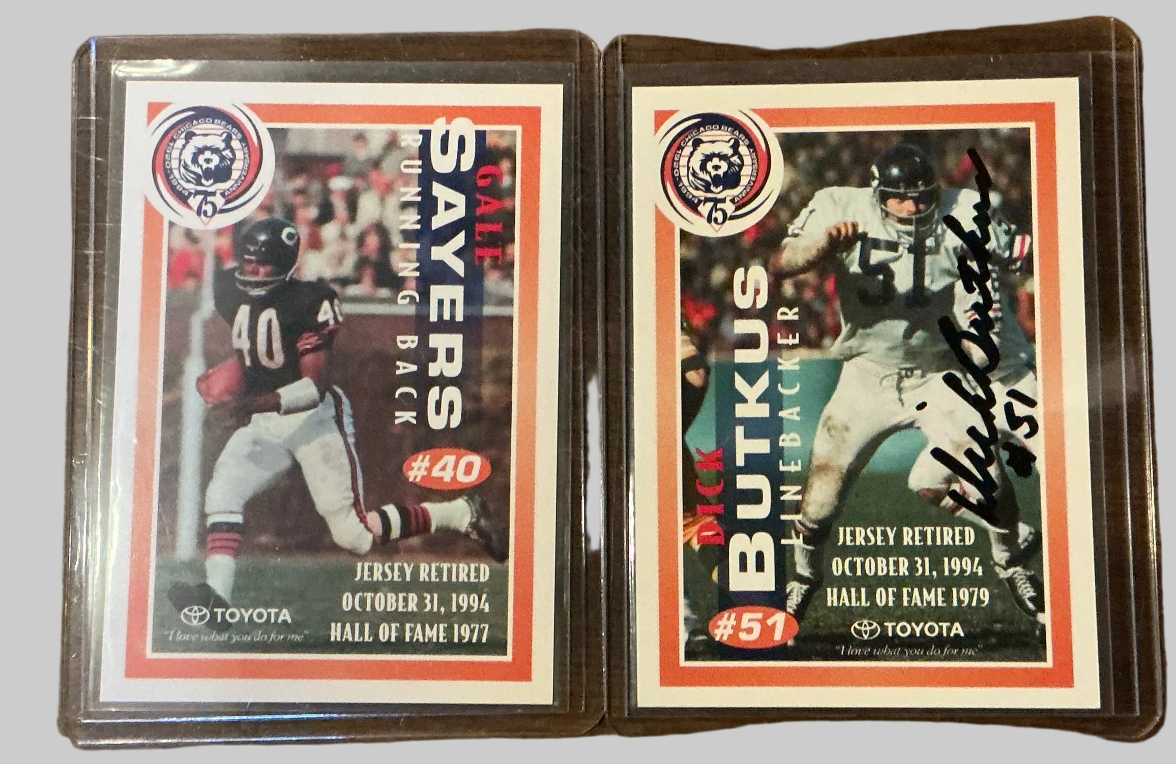 Dick Butkus Autographed & Gale Sayers Chicago Bears 75th Anniversary Card Lot