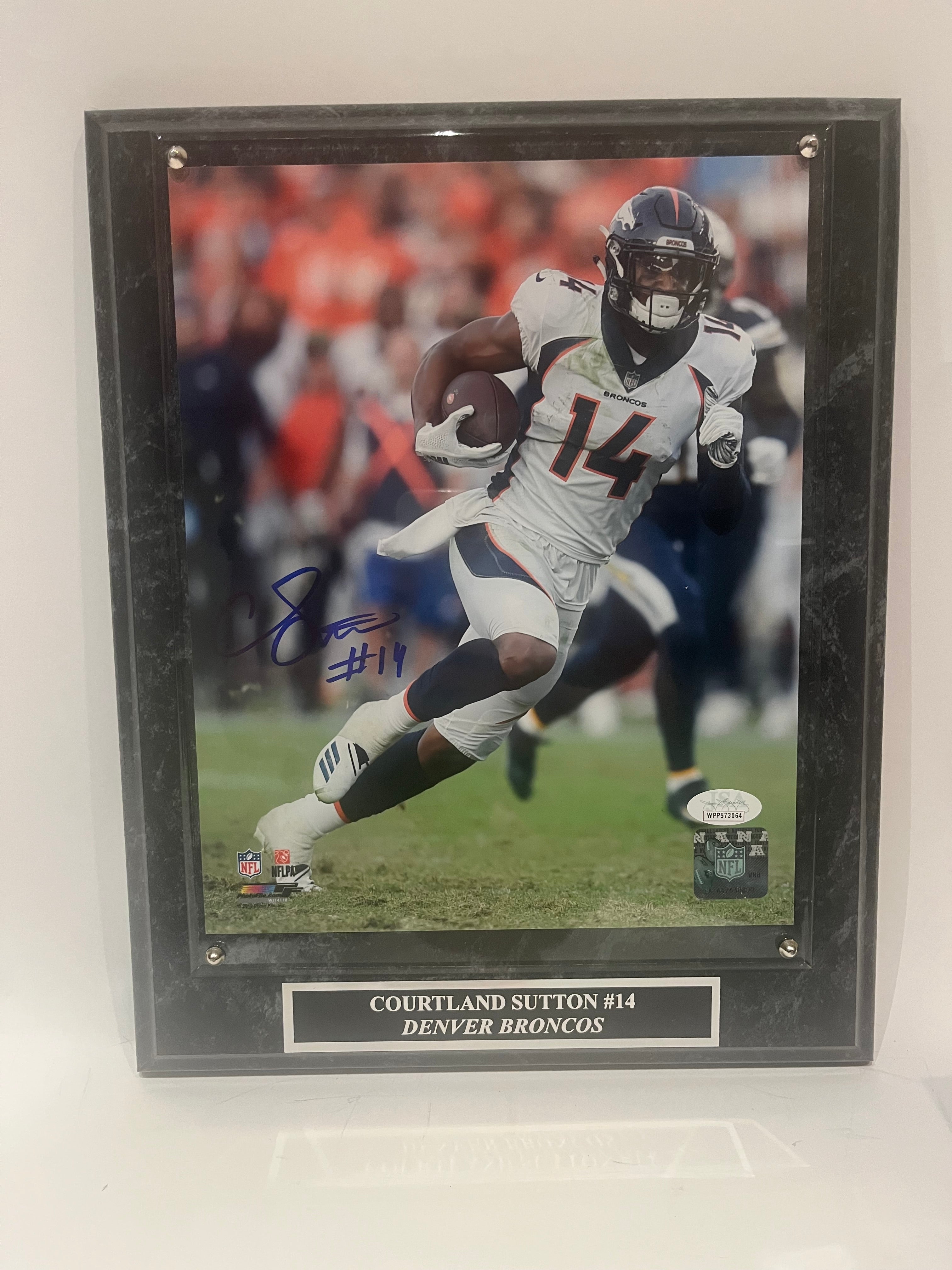 Courtland Sutton Autographed Denver Broncos 8x10 Photo with Plaque (Running Action) JSA COA