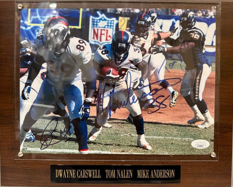 D. Carswell, T. Nalen, M. Anderson Denver Broncos Autographed 8x10 Photo w/ Plaque JSA COA