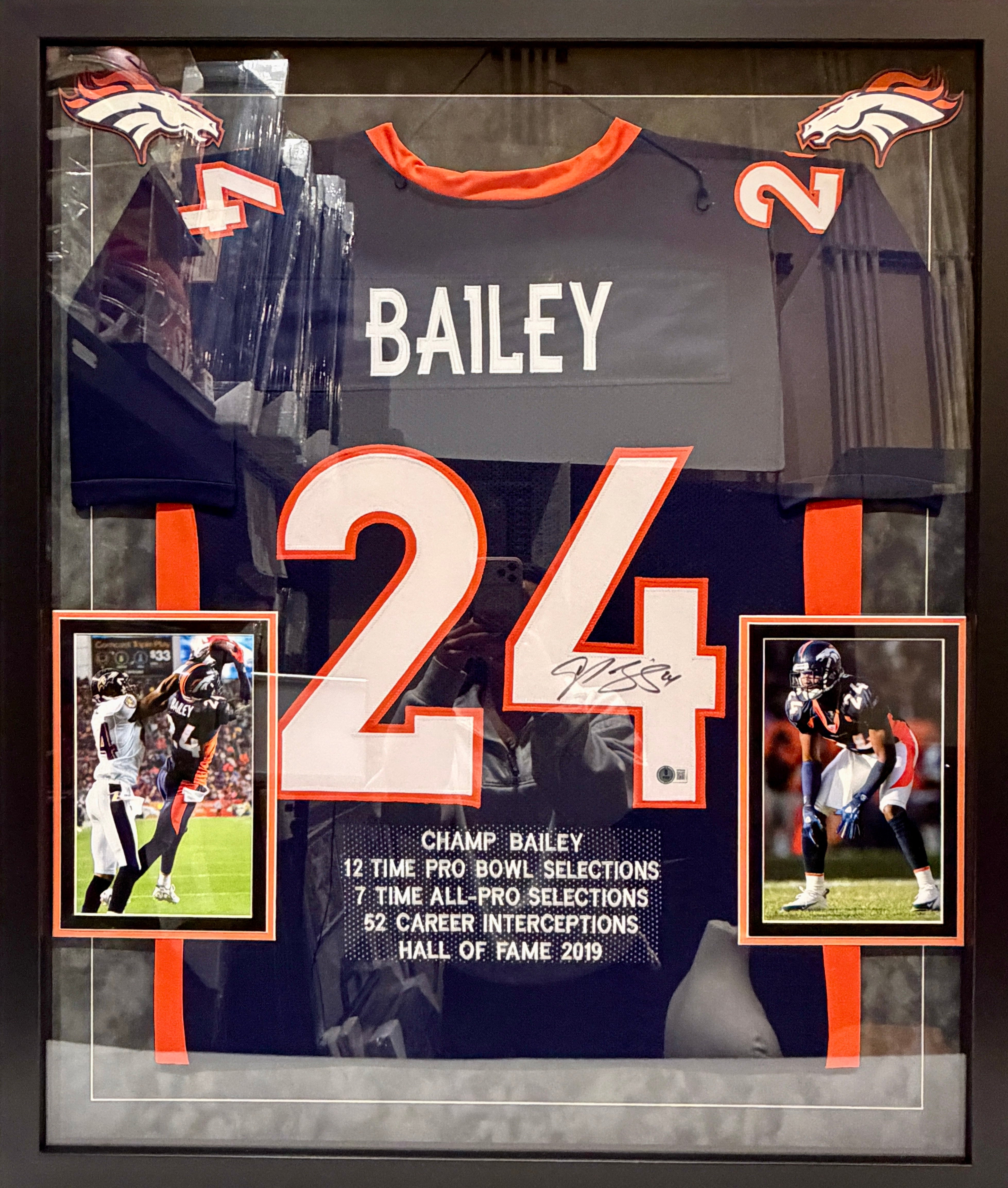 Champ Bailey Autographed Navy Broncos Stat Jersey DLX Framed - Beckett COA