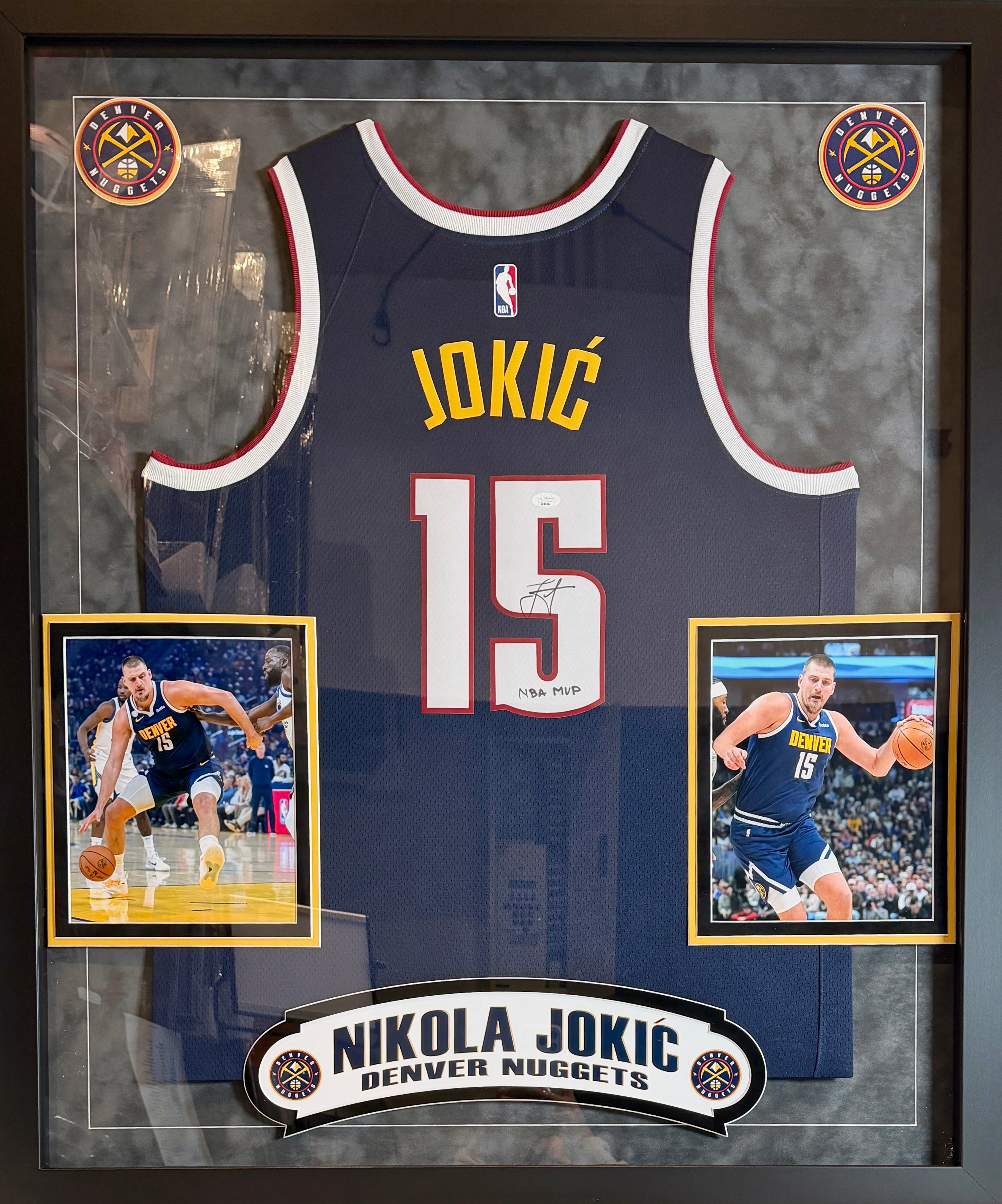Nikola Jokic Autographed Navy Nuggets Jersey Inscribed "NBA MVP" DLX Framed - JSA COA