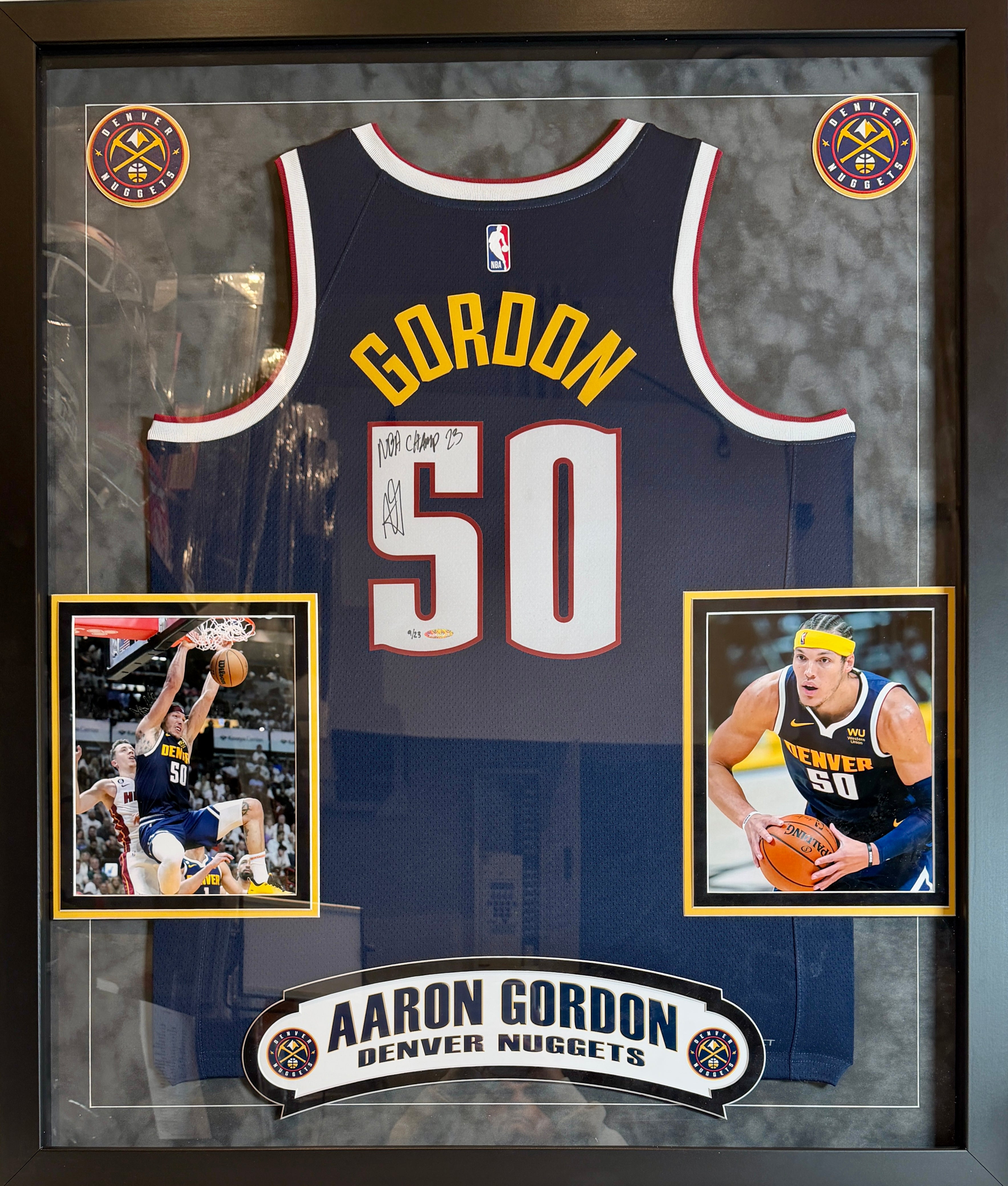 Aaron Gordon Autographed Navy Nuggets Jersey w/ Inscription DLX Framed - UDA
