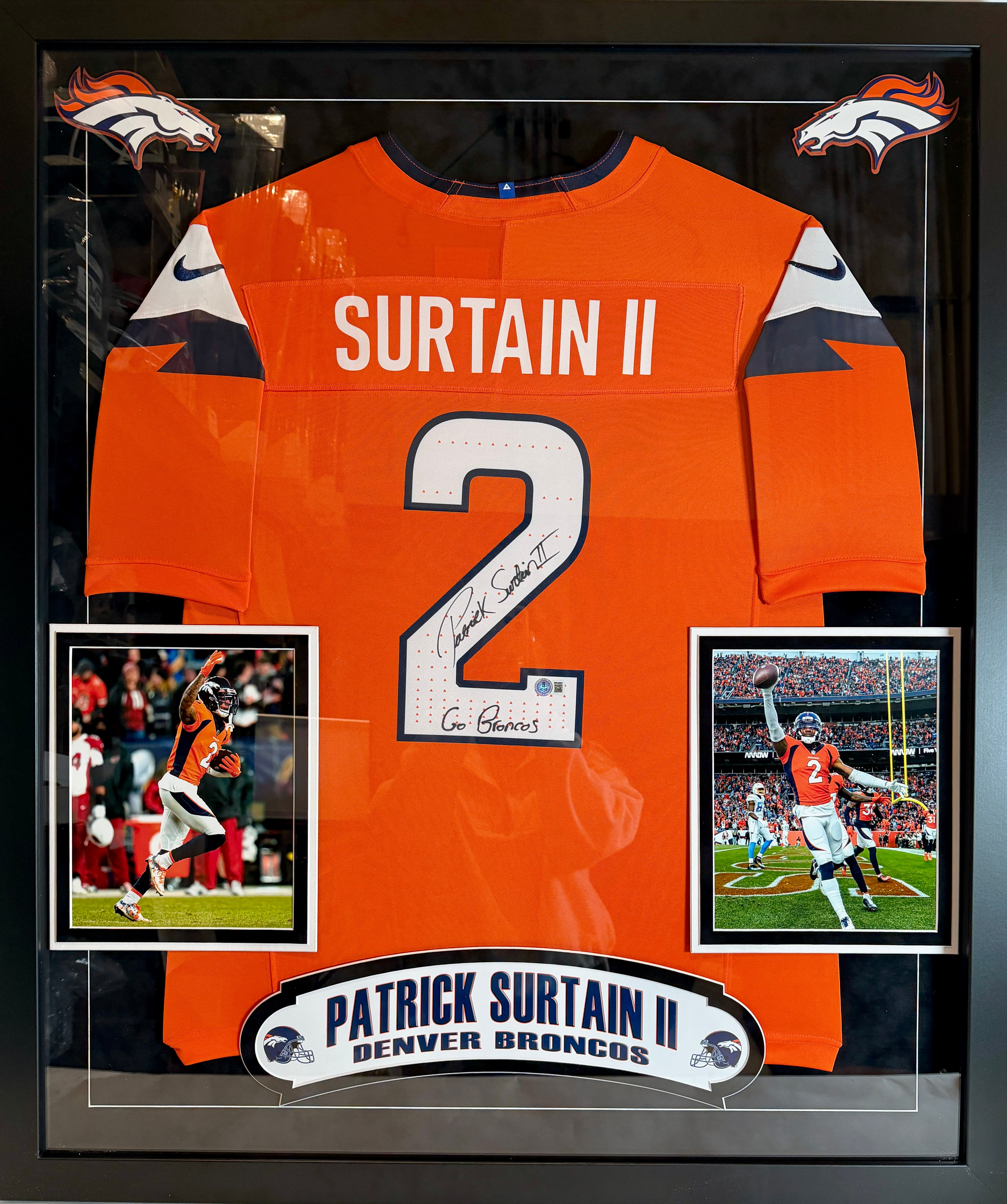Patrick Surtain II Autographed Orange Nike Broncos Jersey w/ Inscription DLX Framed - Beckett COA