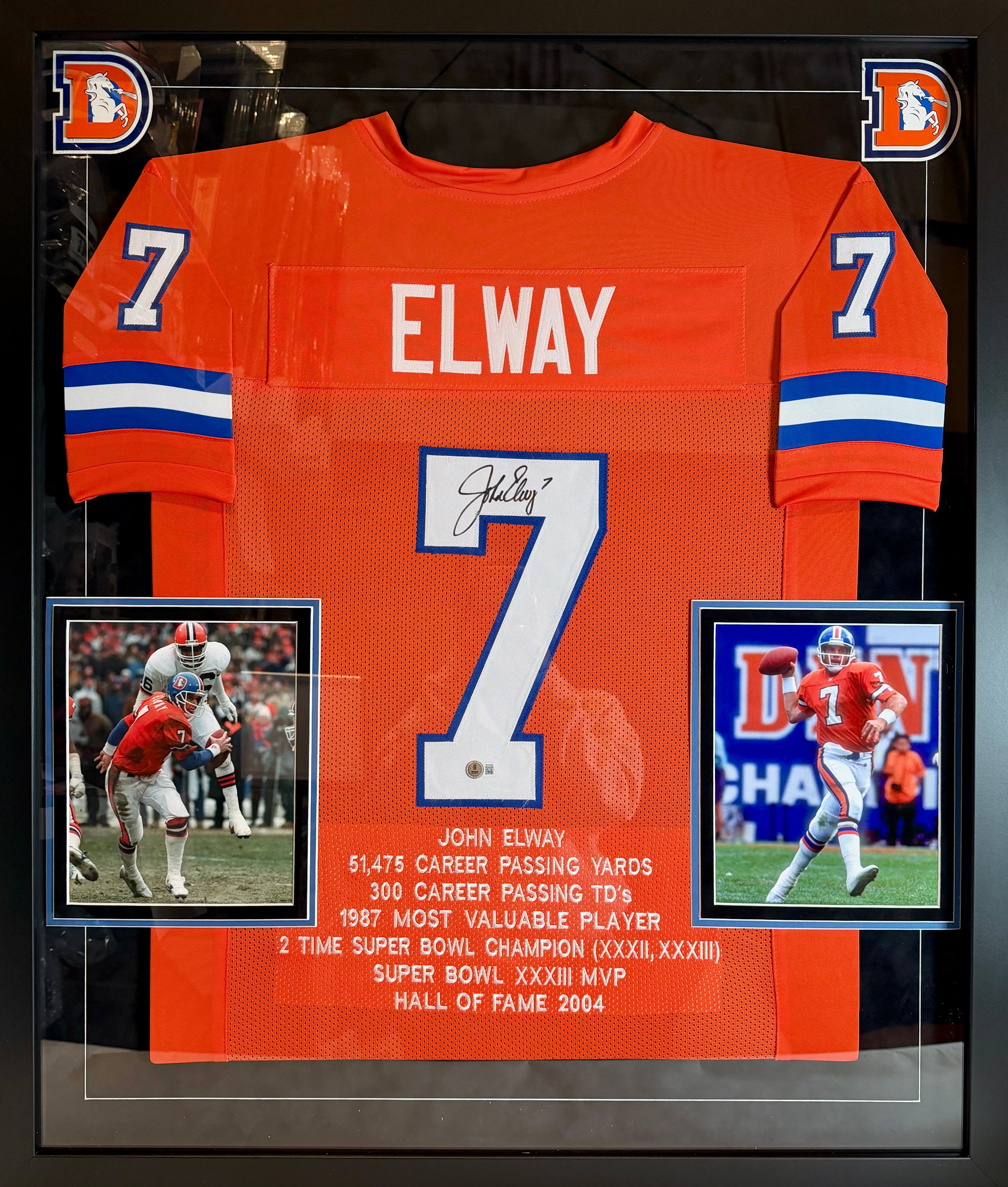 John Elway Autographed Broncos Orange Stat Jersey DLX Framed - Beckett COA