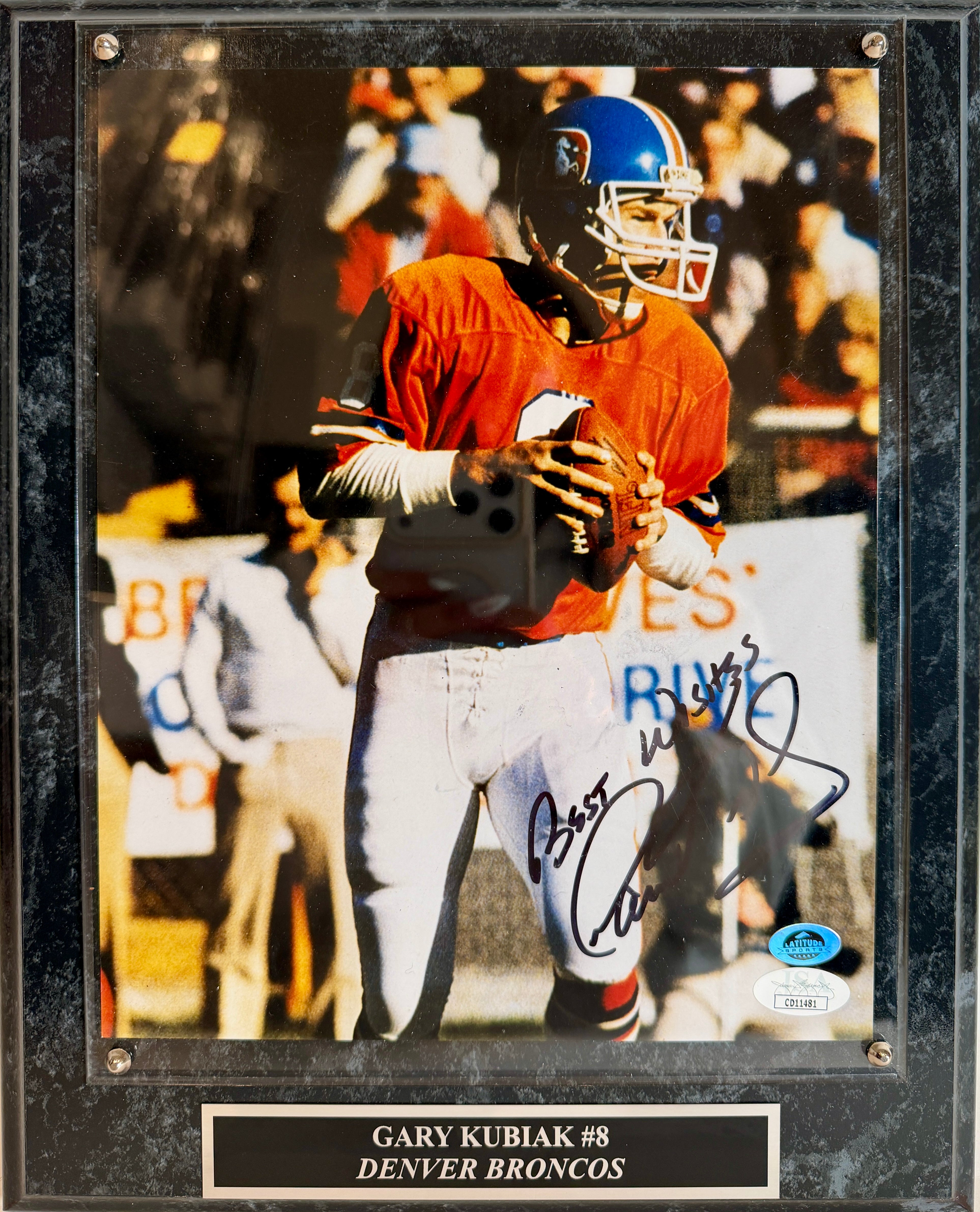 Gary Kubiak Autographed 8x10 Orange Jersey Photo with Plaque - JSA COA