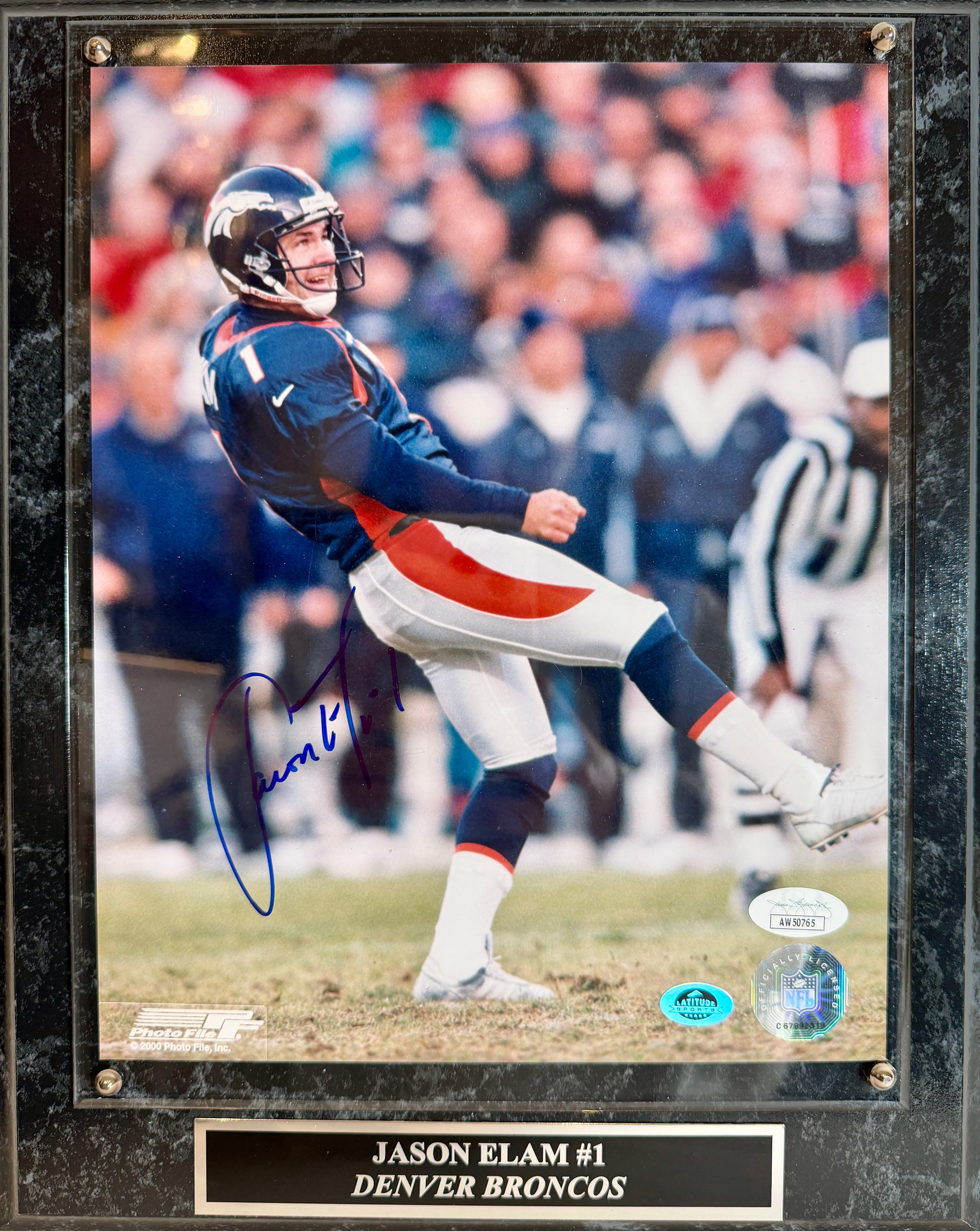 Jason Elam Autographed 8x10 Photo with Plaque - JSA COA