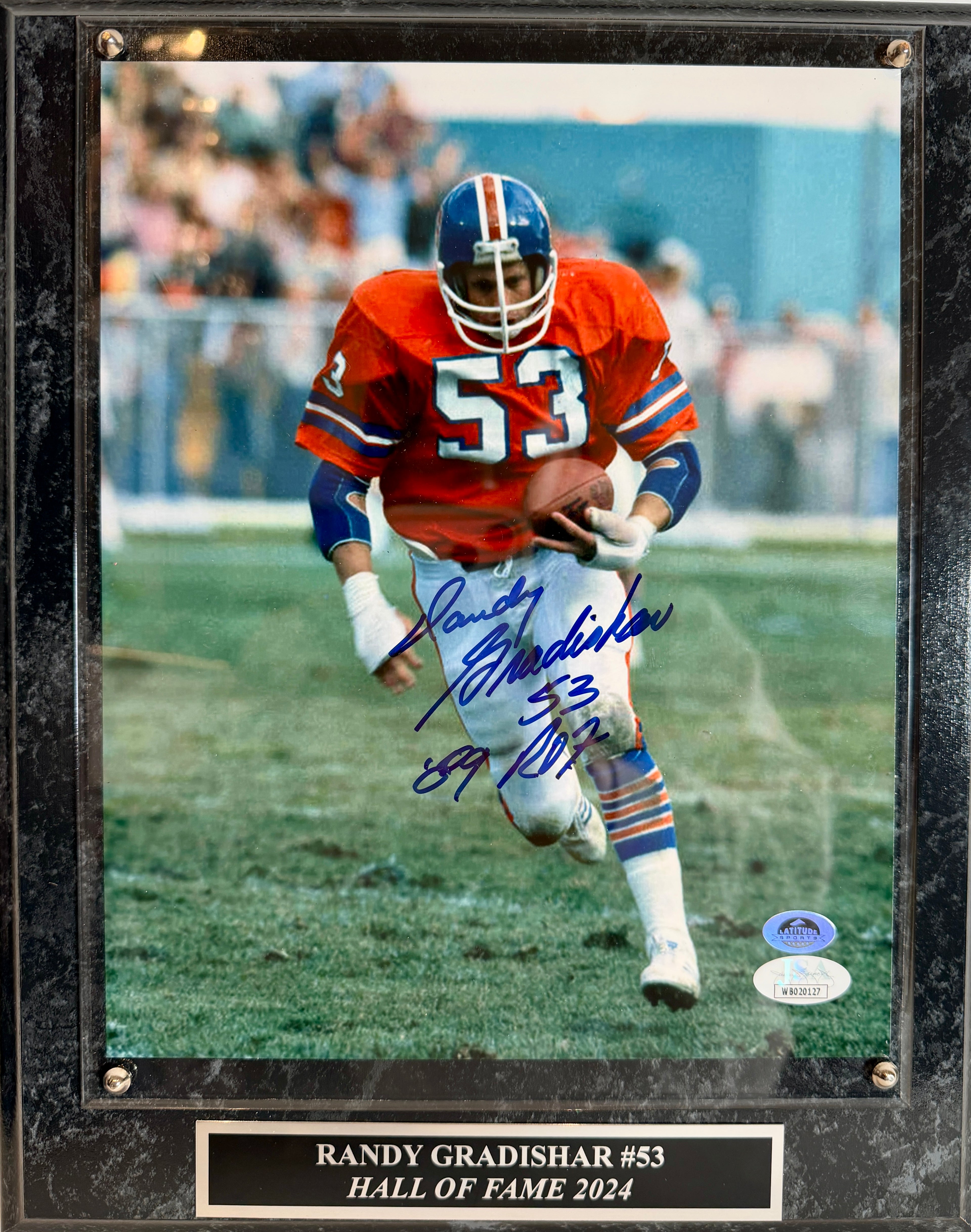 Randy Gradishar Autographed 8x10 Photo Inscribed "ROF 89" w/ Plaque - JSA COA