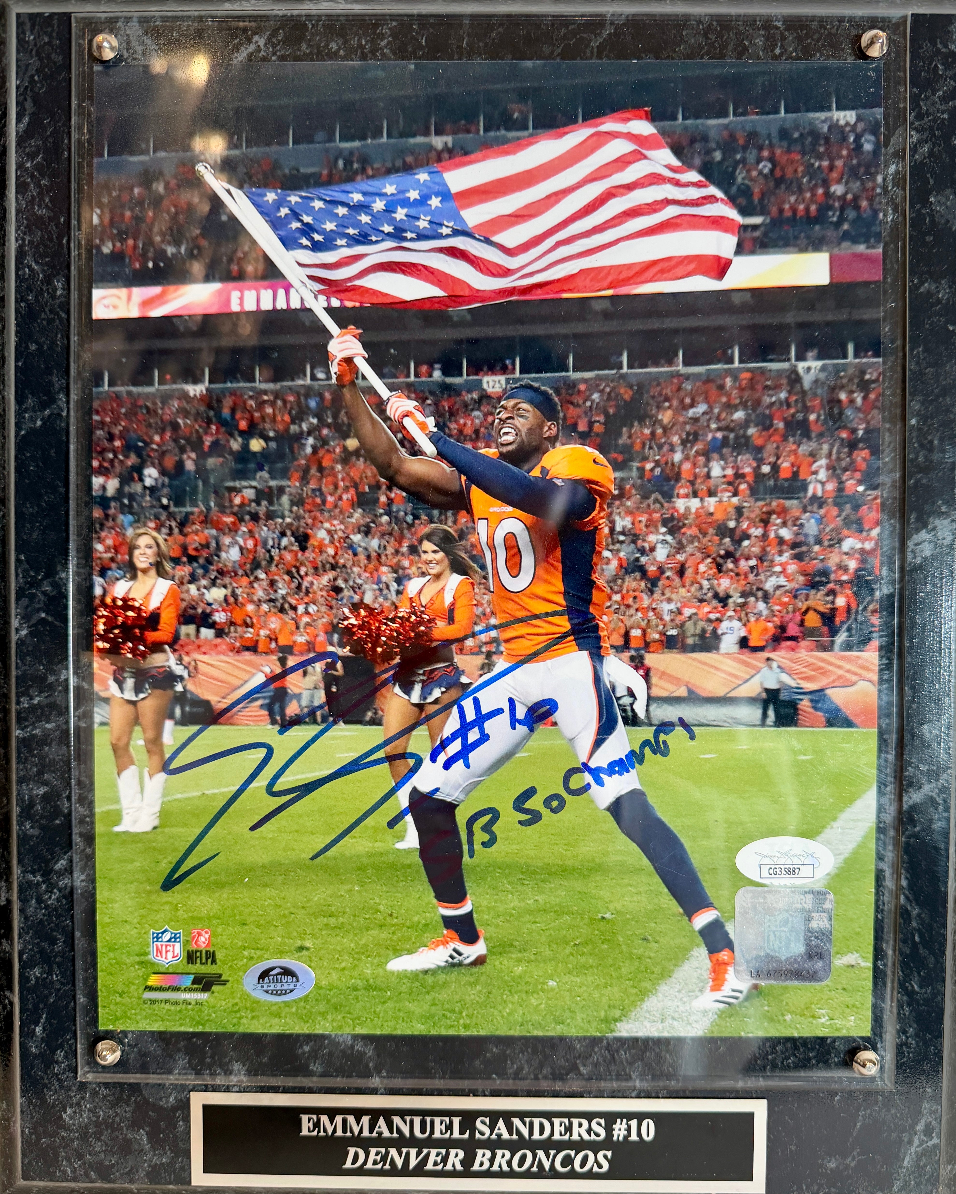 Emmanuel Sanders Autographed 8x10 Photo Inscribed "SB 50 Champs" w/ Plaque - JSA COA
