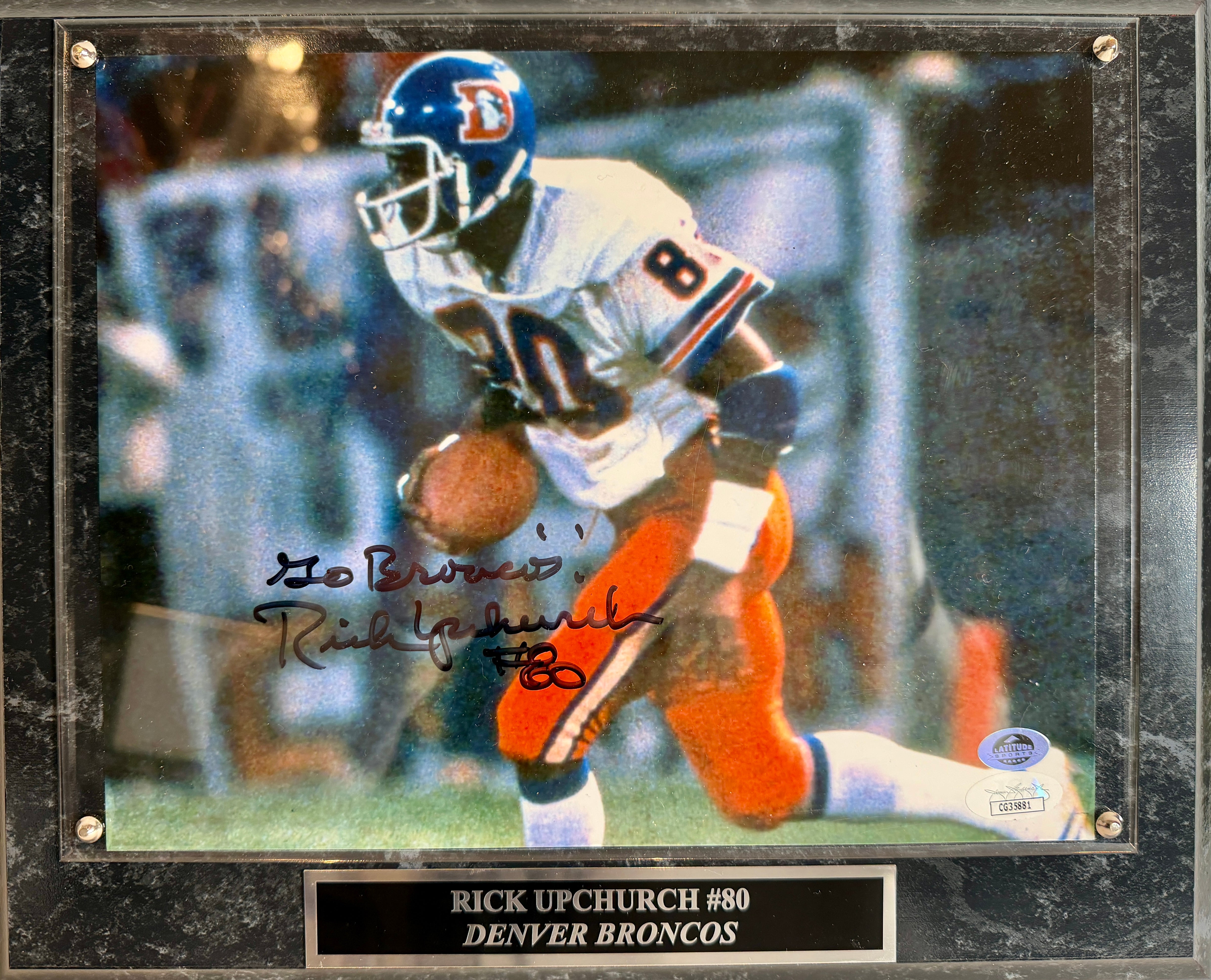 Rick Upchurch Autographed 8x10 Photo Inscribed "Go Broncos" w/ Plaque - JSA COA - Latitude Sports Marketing