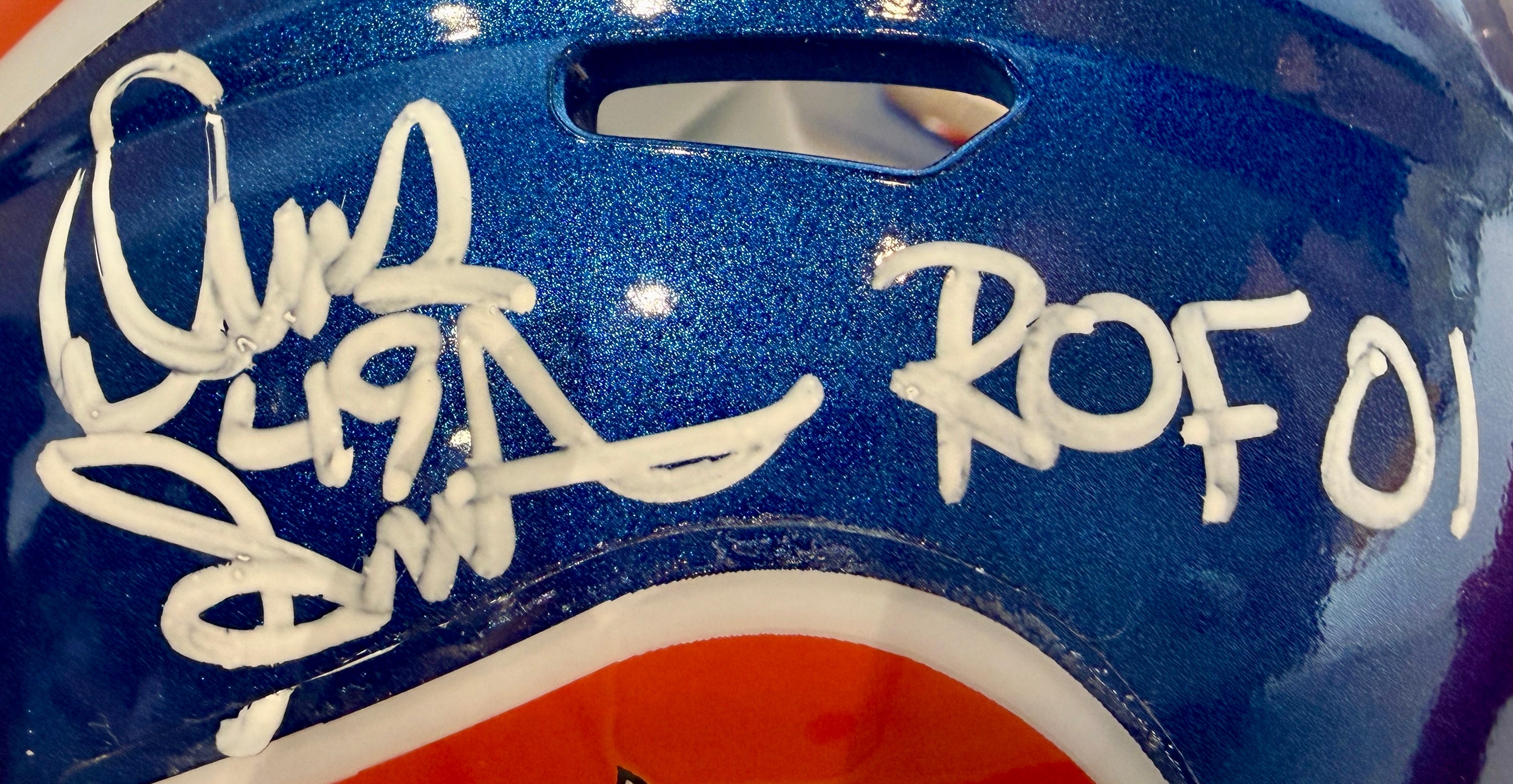 Dennis Smith Autographed Denver Broncos Blue Metallic Orange Mask Mini Helmet - Inscribed 'ROF '01' - JSA Certified