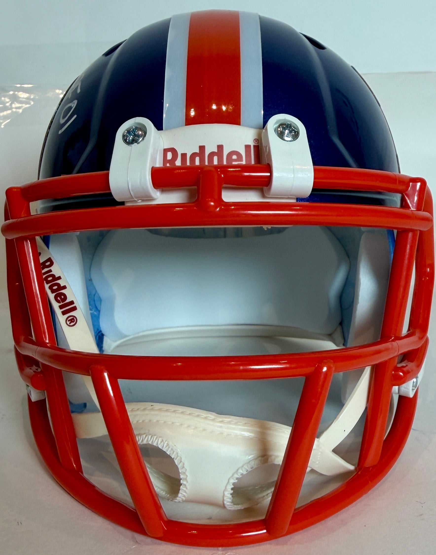Dennis Smith Autographed Denver Broncos Blue Metallic Orange Mask Mini Helmet - Inscribed 'ROF '01' - JSA Certified