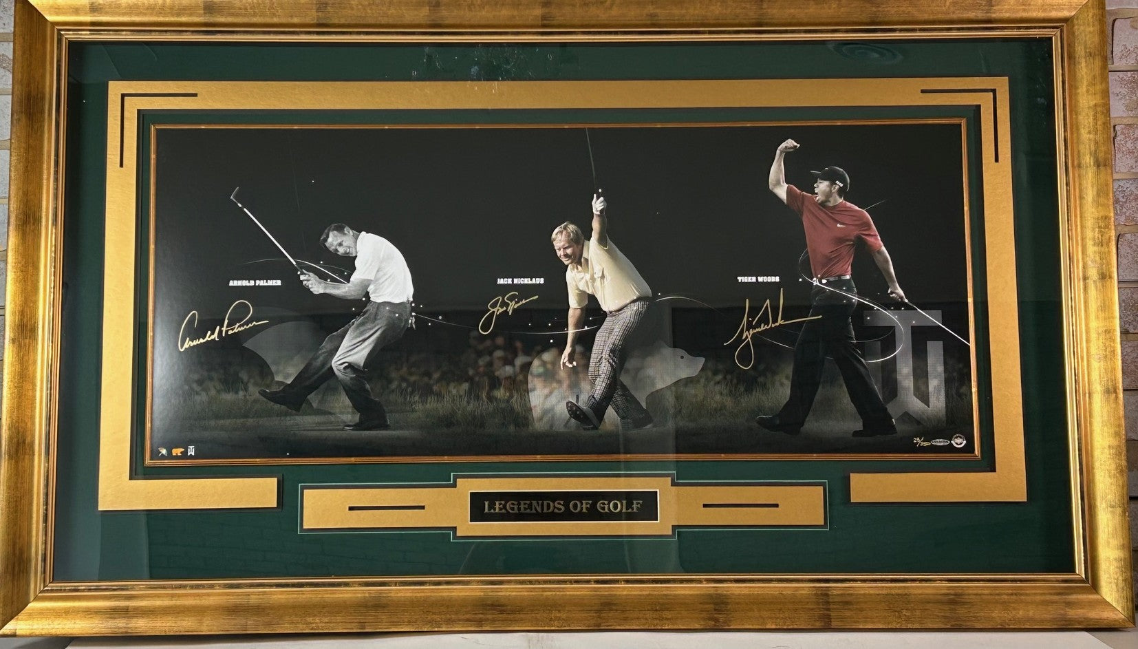 Legends of Golf (Woods, Nicklaus, Palmer) Autographed Panoramic Photo Framed UDA Hologram
