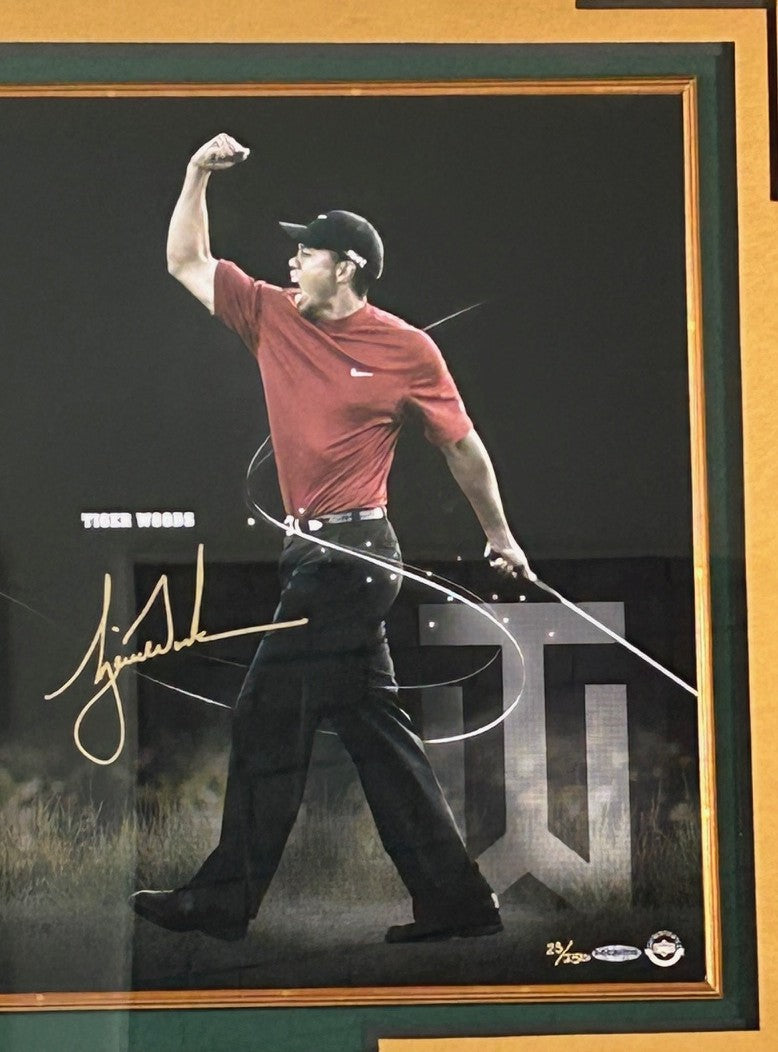 Legends of Golf (Woods, Nicklaus, Palmer) Autographed Panoramic Photo Framed UDA Hologram