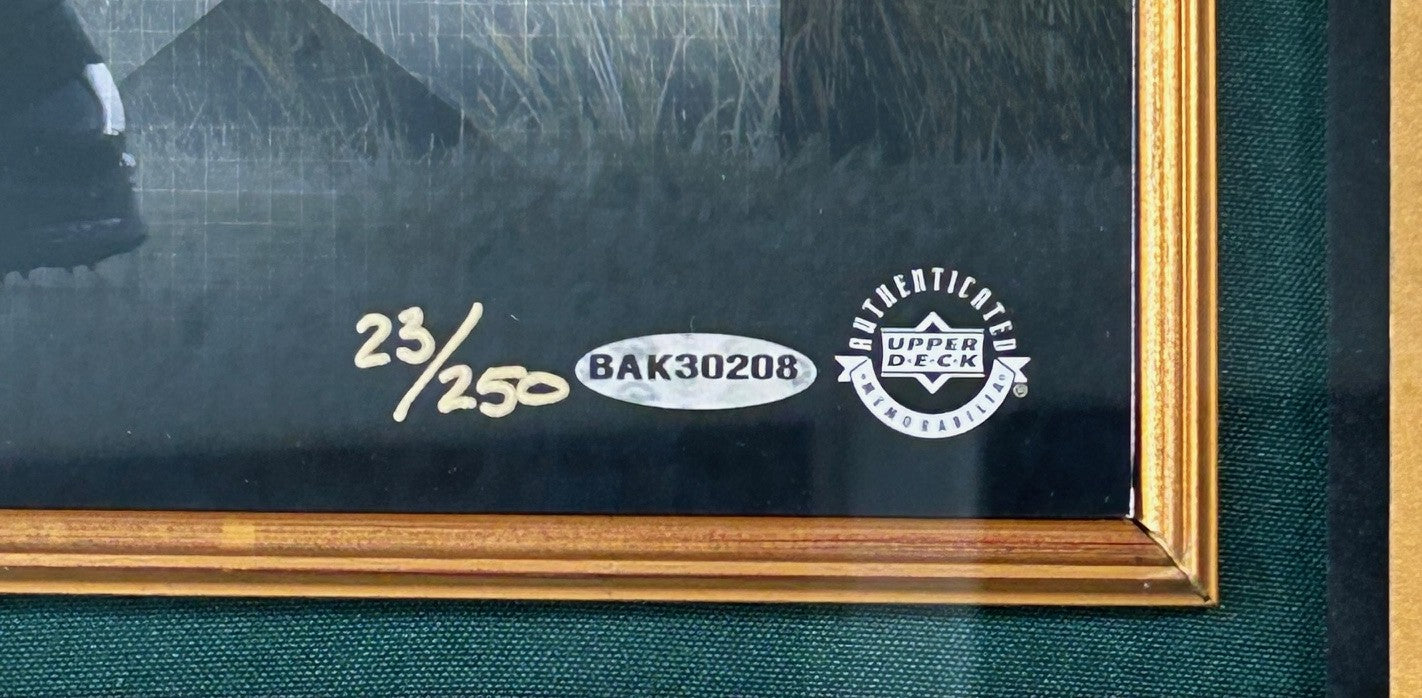 Legends of Golf (Woods, Nicklaus, Palmer) Autographed Panoramic Photo Framed UDA Hologram