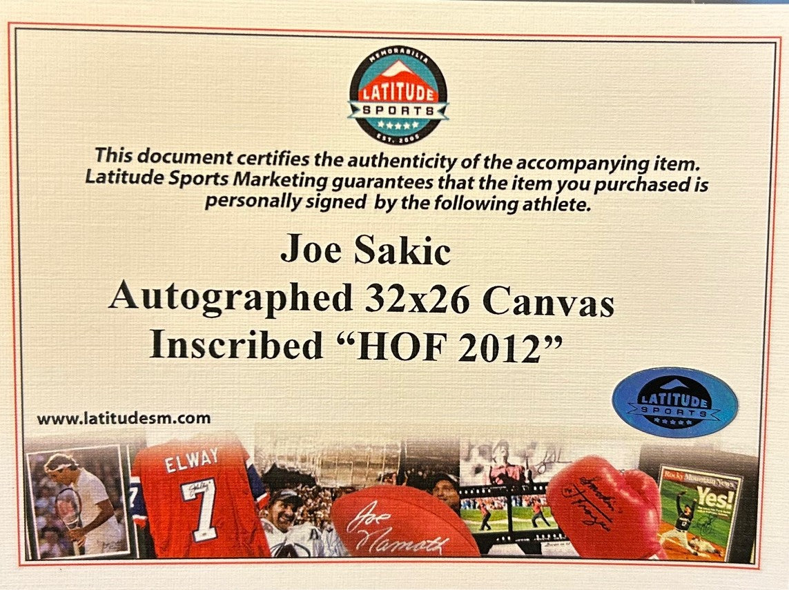 Joe Sakic Autographed Colorado Avalanche Art Piece on Canvas Framed (26x32) LSM COA