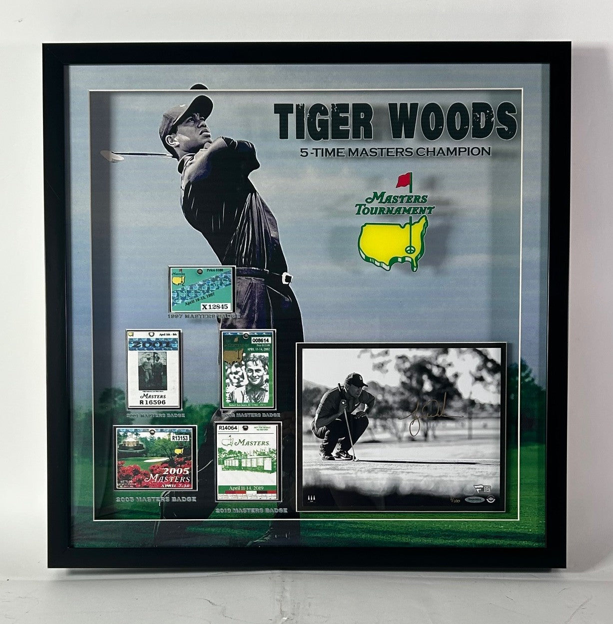 Tiger Woods 5-Time Masters Champion Collage w/Credentials UDA LE 100 Autographed Photo in Lighted Shadowbox 25.5"x25.5" Frame