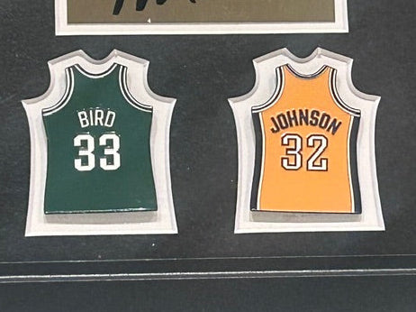Larry Bird & Magic Johnson Framed Photo & Pin Collage with Laser Autographs 14x18